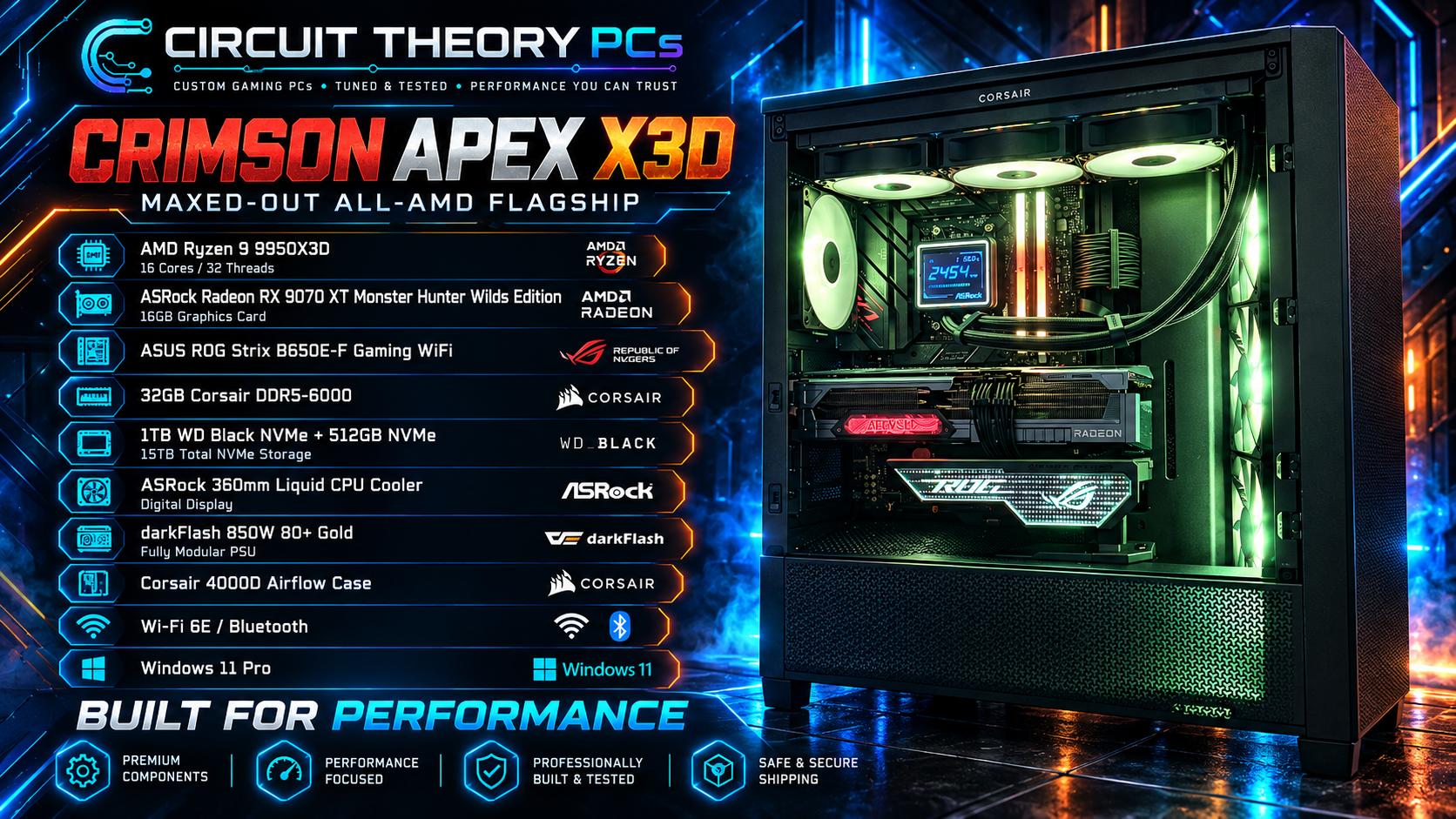 Ryzen 9 9950X3D RX 9070 XT 32GB DDR5 1.5TB NVMe Gaming PC Win 11 Pro