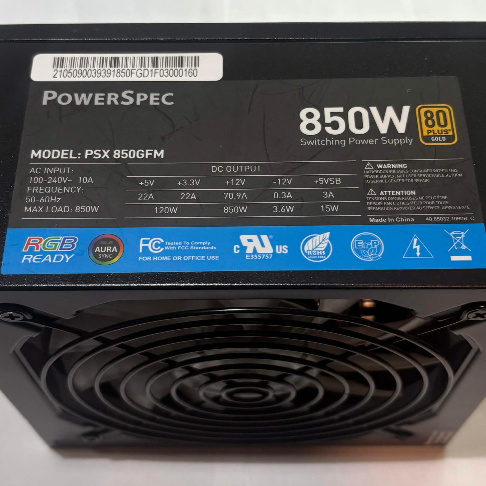 PowerSpec 850W 80+ Gold Fully Modular PSU (PSX 850GFM)