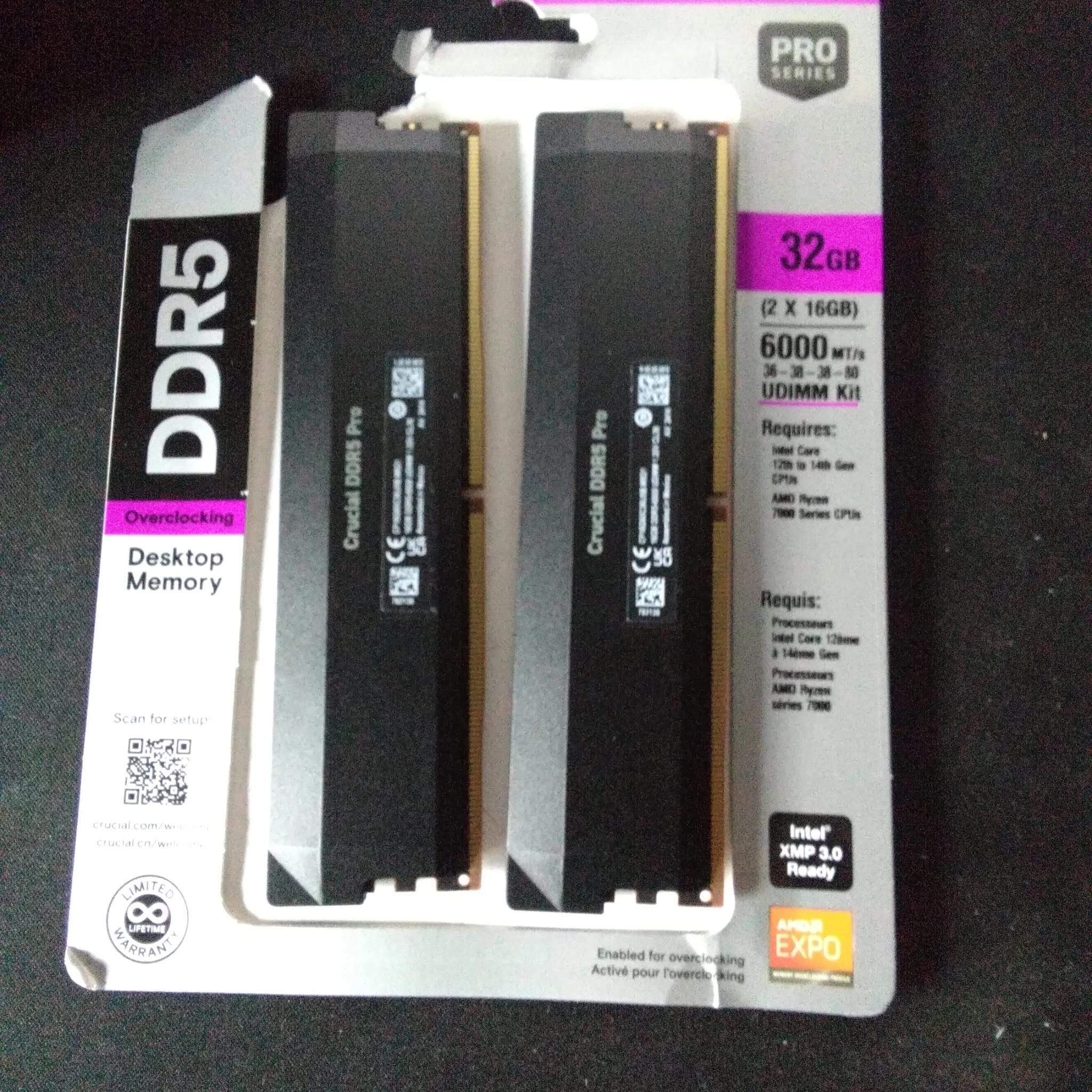 Crucial Pro Overclocking 32GB (2 x 16GB) DDR5 6000 (PC5 48000) Desktop Memory Model CP2K16G60C36U5B