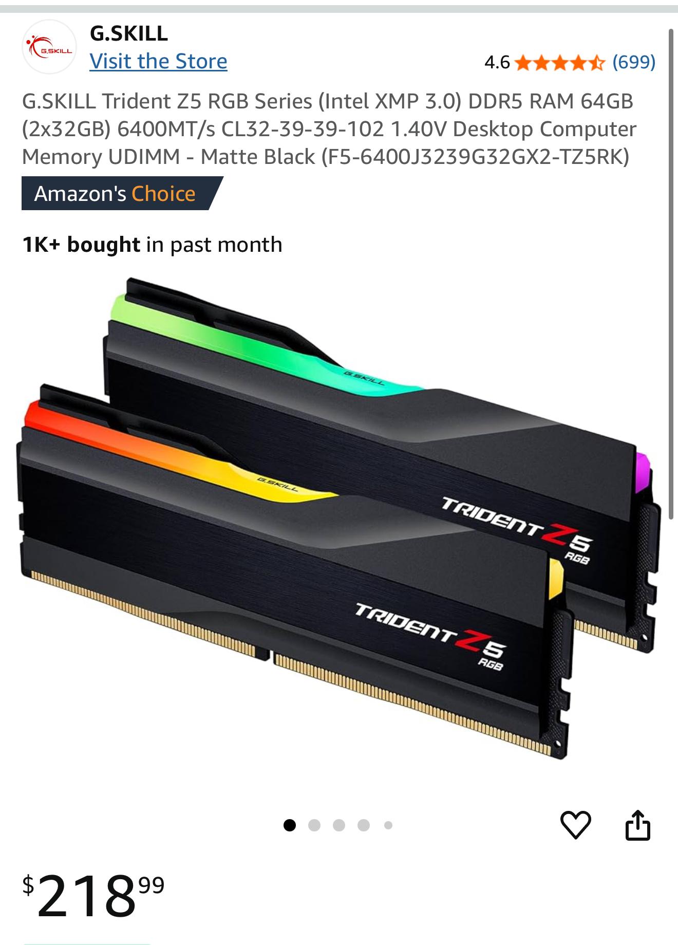 G.SKILL Trident Z5 RGB Series (Intel XMP 3.0) DDR5 RAM 64GB (2x32GB) 6400MT/s