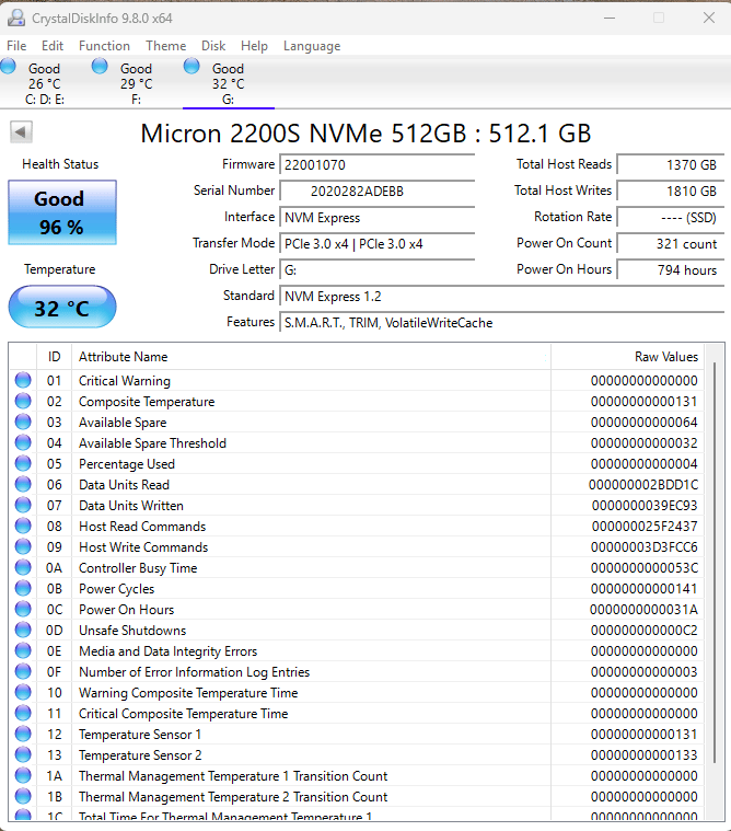 Micron 2200S 512GB Gen 3x4 | 512MB DRAM | M.2 2280 SSD Solid State Drive | NVME | 96% Drive Health