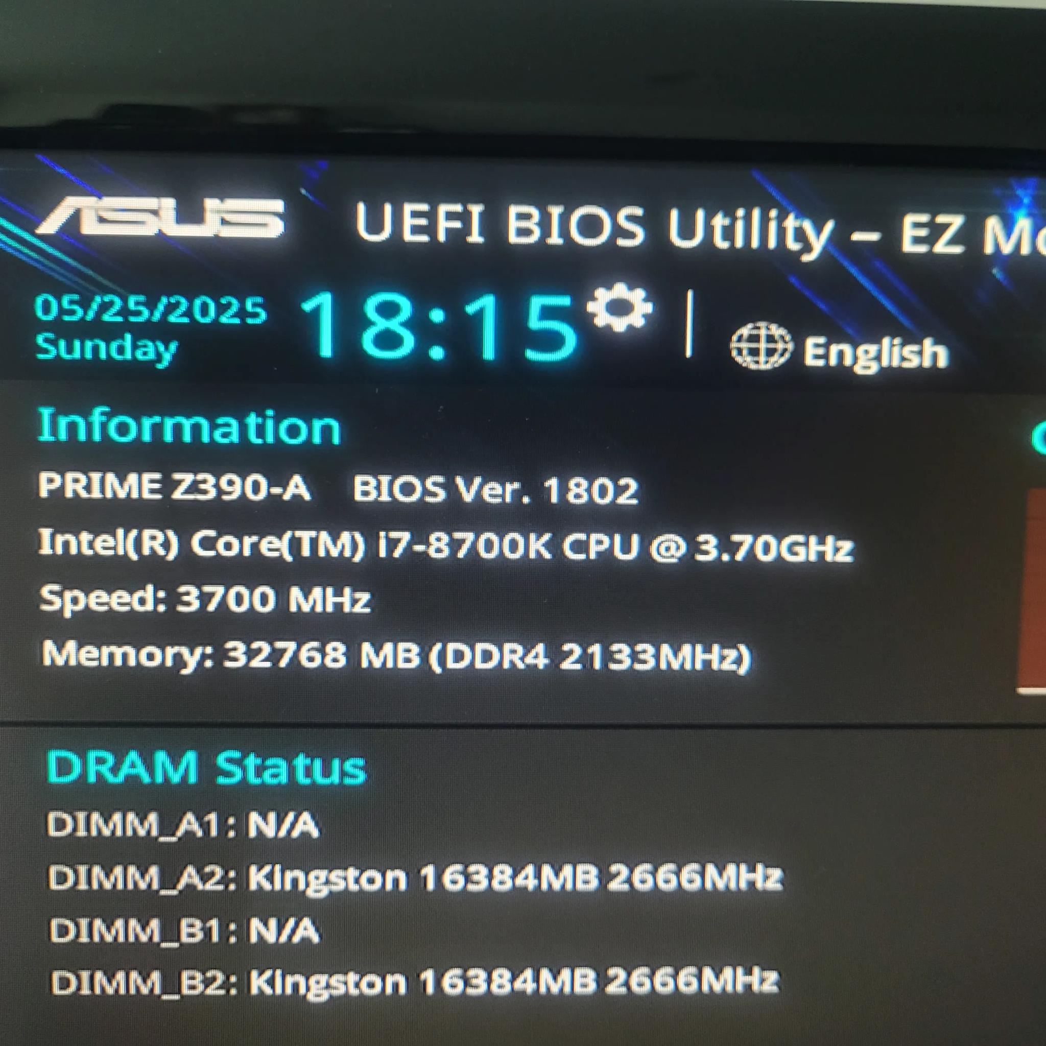 Asus Prime Z390-A with Intel i7 8700K