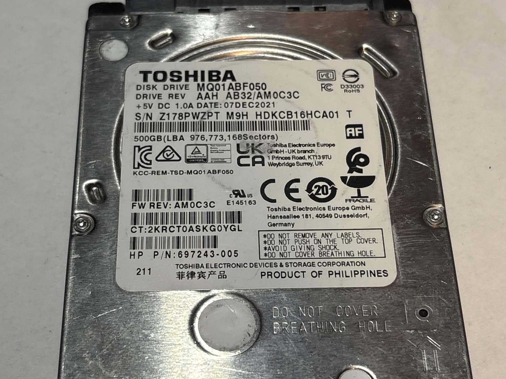 Toshiba 500GB SATA Laptop Hard Drive | Tested & Functional