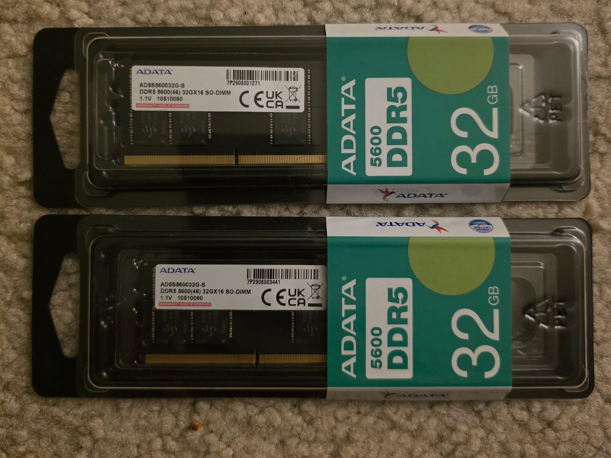 メモリー ADATA DDR5 5600 64GB (32GB x2) ADATA DDR5 5600 MT/s 32 GB (1×32 GB) CL46 SO-DIMM 262-Pins ECC