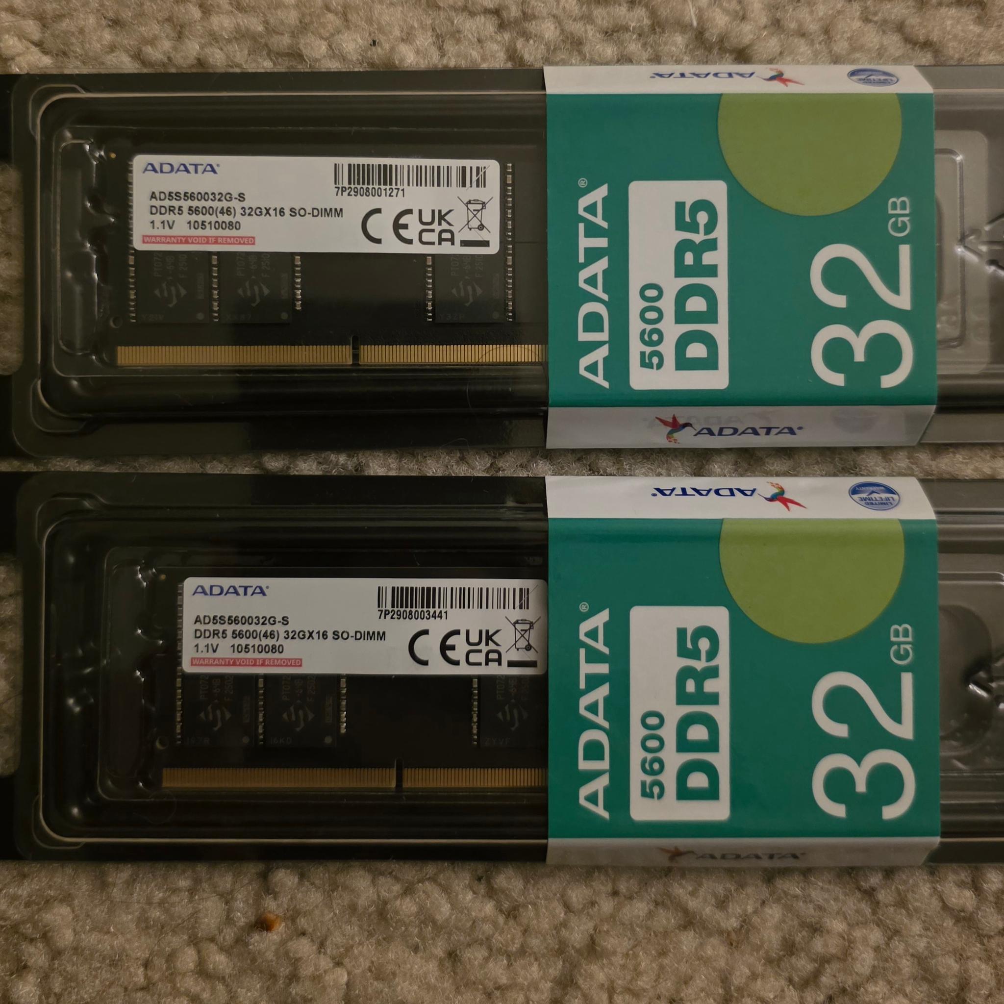 ADATA 64GB (2 x 32GB) DDR5 5600Mhz CL46 SODIMM Laptop Memory Brand New Sealed