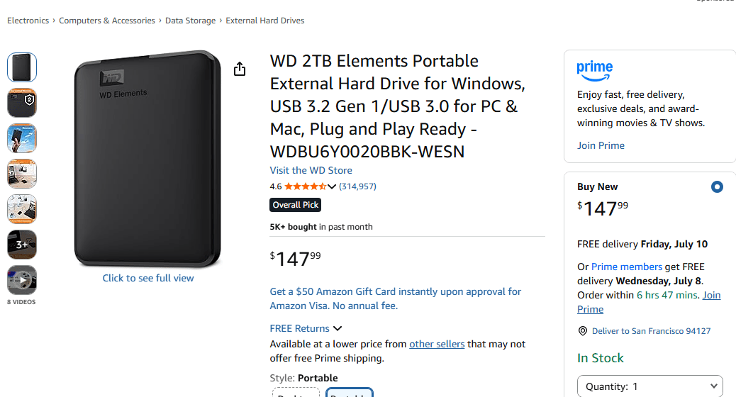 [Excellent Condition] WD Elements 2TB Portable External Hard Drive (USB 3.0) - 100% Healthy