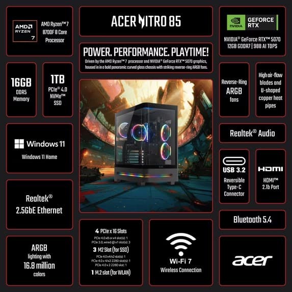Brand New Acer Nitro 85 Gaming PC - Ryzen 7 8700F | RTX 5070 12GB | 16GB DDR5 | 1TB SSD