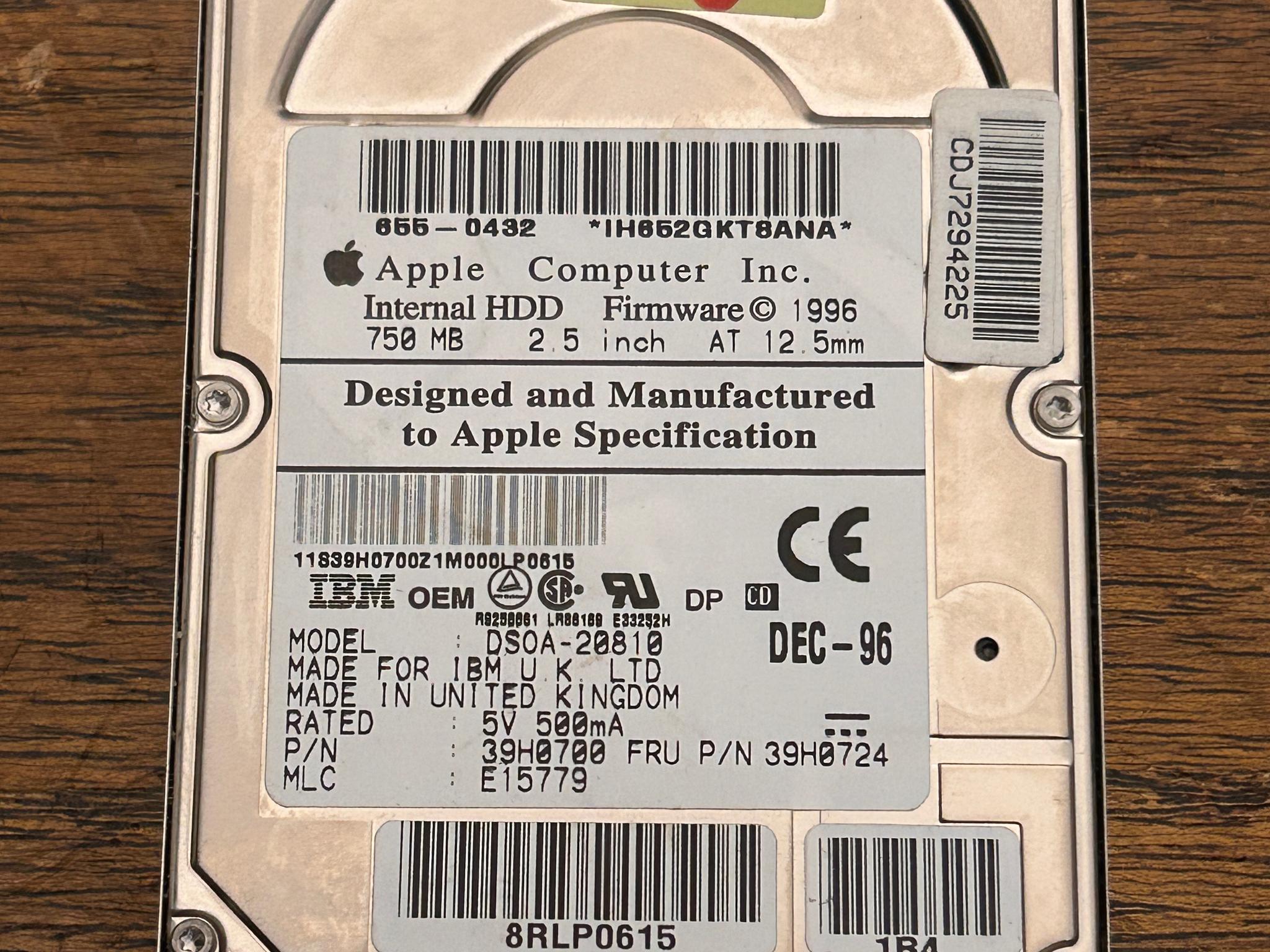 Vintage 1996 Apple Internal 750 MB 2.5" IDE Hard Drive - DSOA-20810 - VTG - TESTED