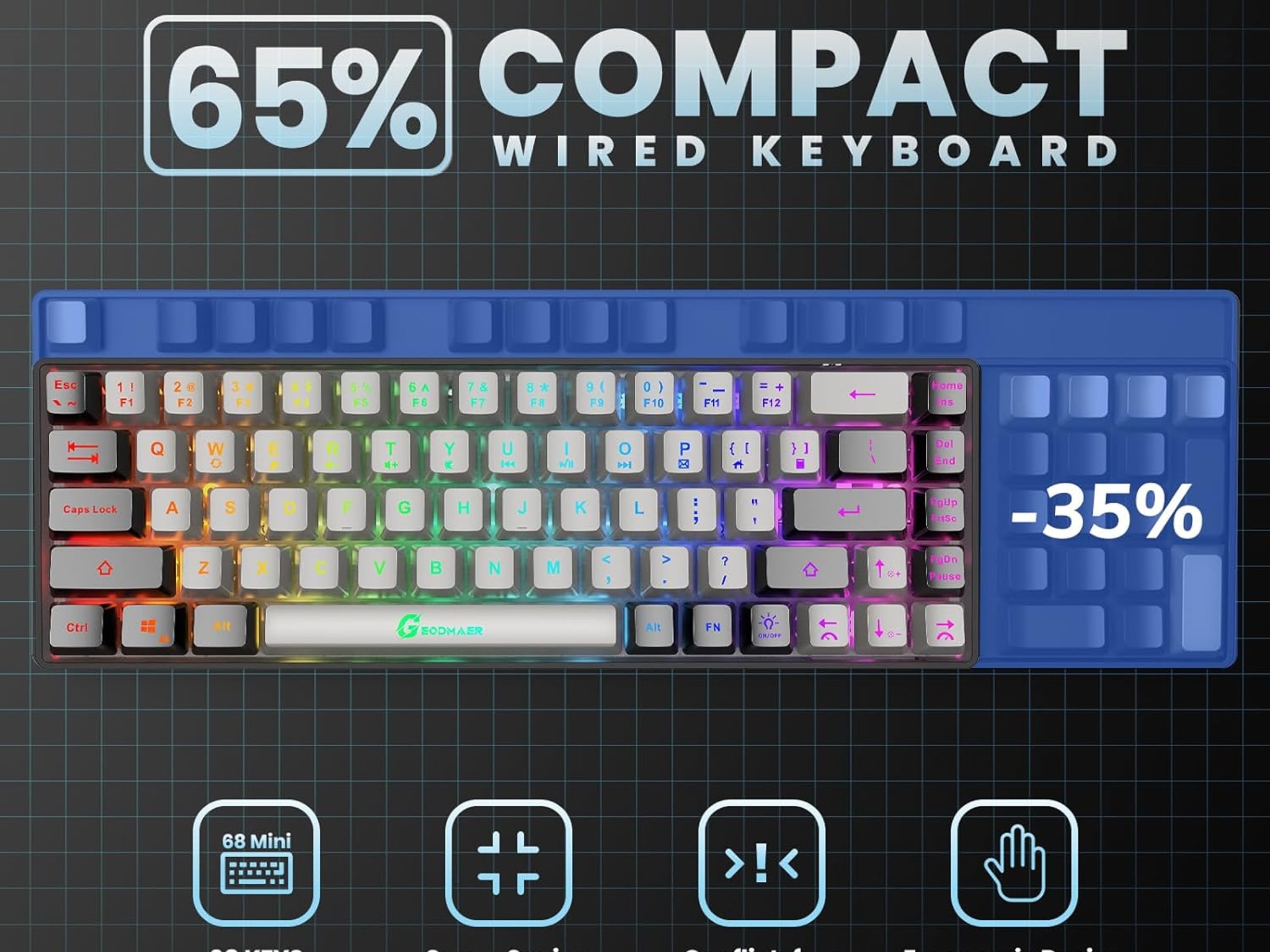 GEODMAER 65% Gaming Keyboard **Wired** RGB Backlit Compact 68 Keys Ergonomic Grey-Black