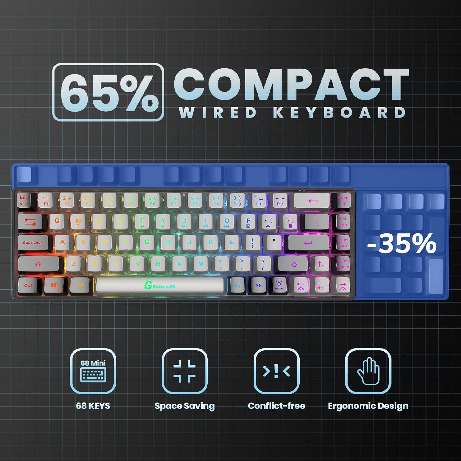 GEODMAER 65% Gaming Keyboard **Wired** RGB Backlit Compact 68 Keys Ergonomic Grey-Black