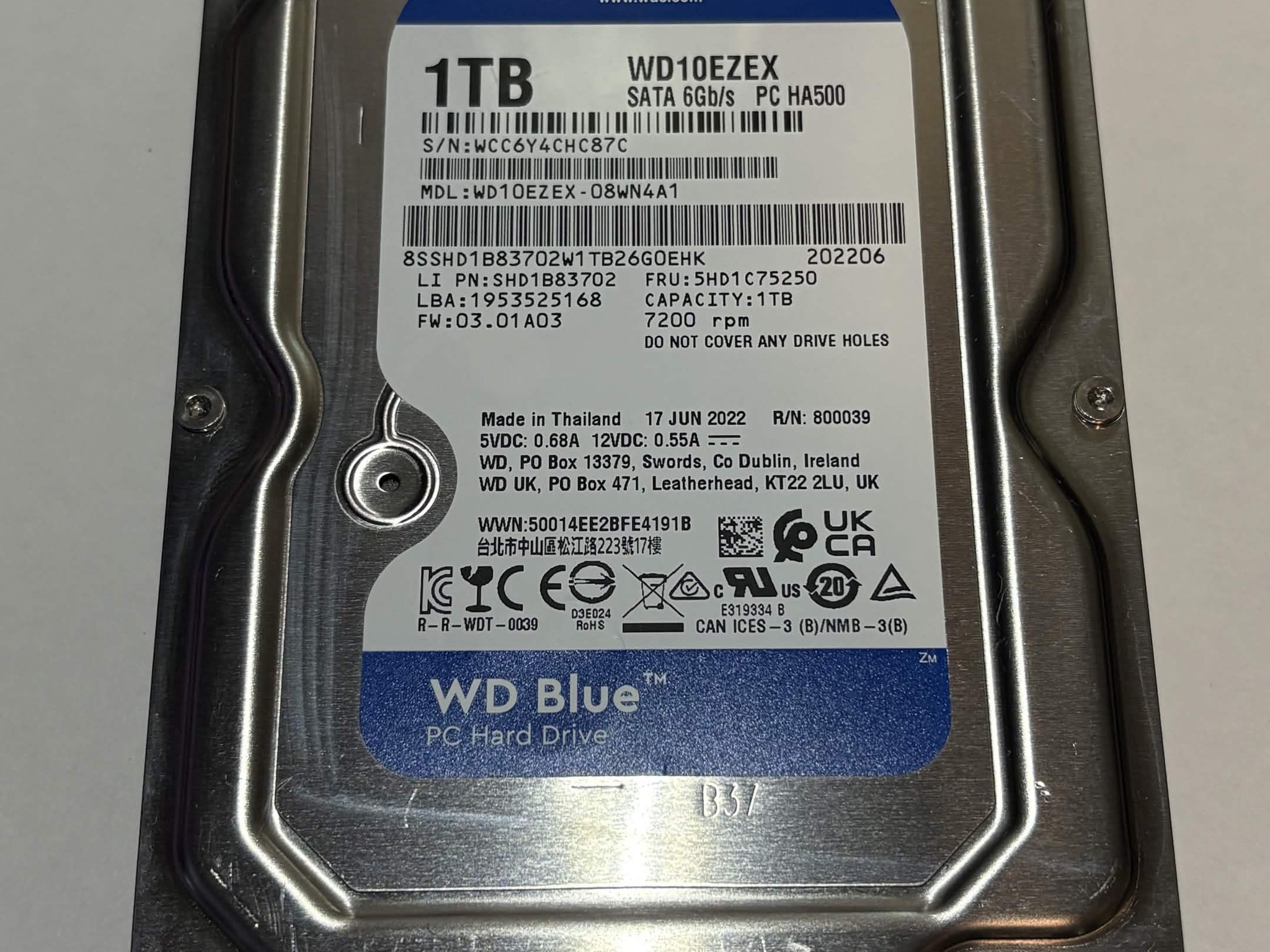 WD Blue 1TB 7200RPM 3.5" SATA Hard Drive HDD – WD10EZEX – Excellent SMART