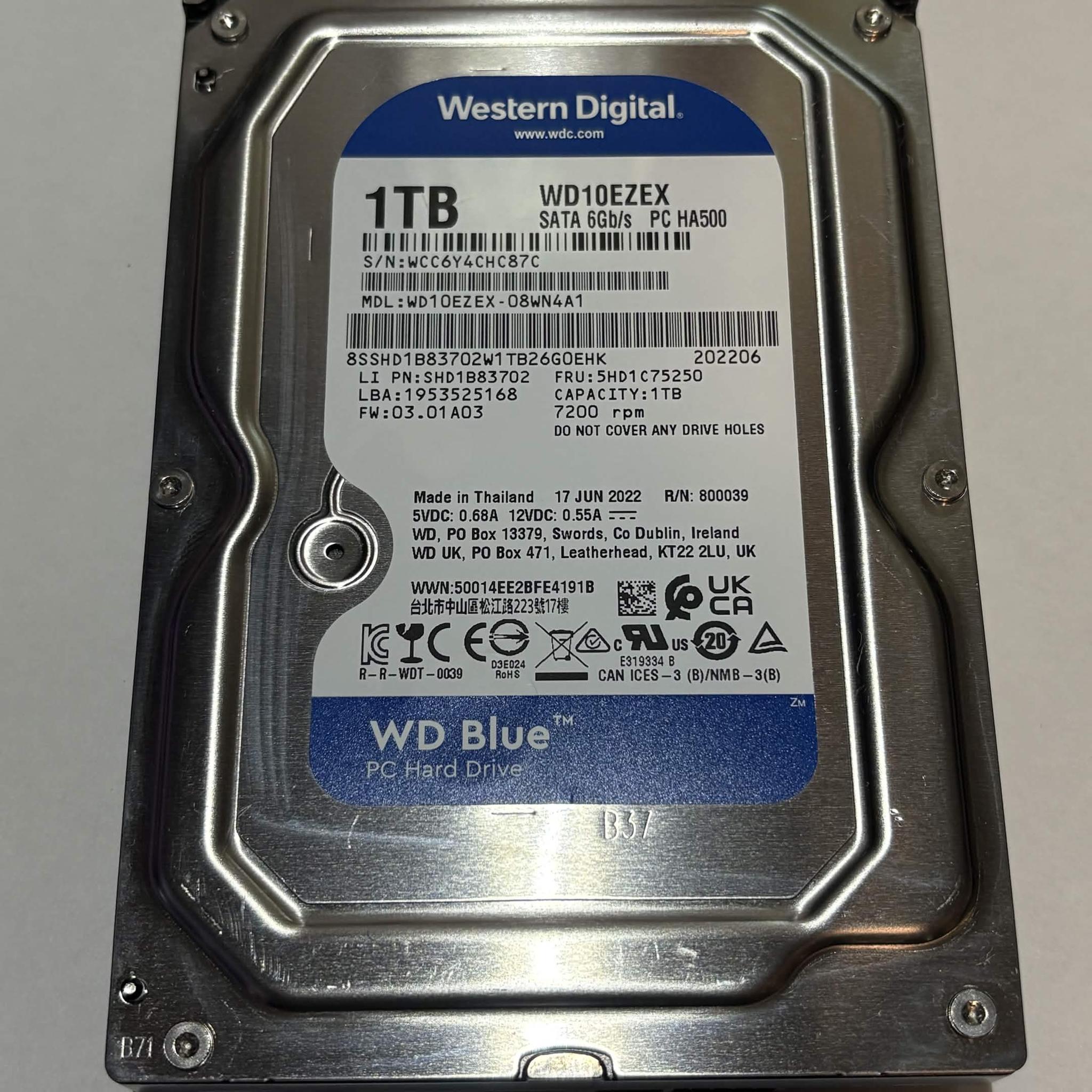 WD Blue 1TB 7200RPM 3.5" SATA Hard Drive HDD – WD10EZEX – Excellent SMART