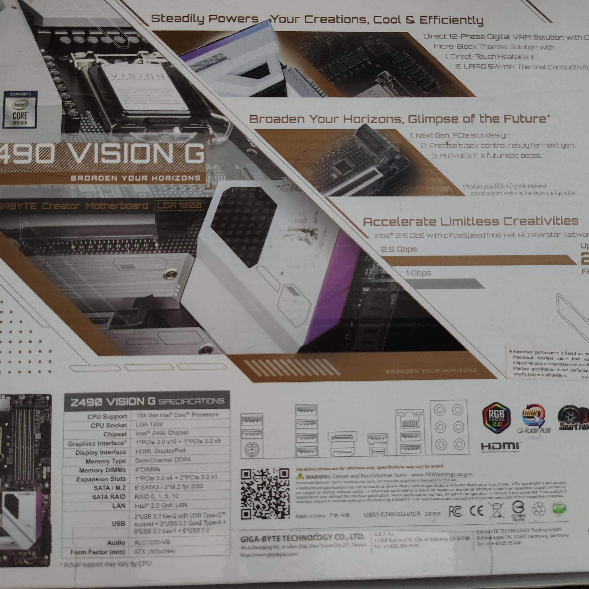 10850k and Gigabyte Vision G Z490 LGA 1200