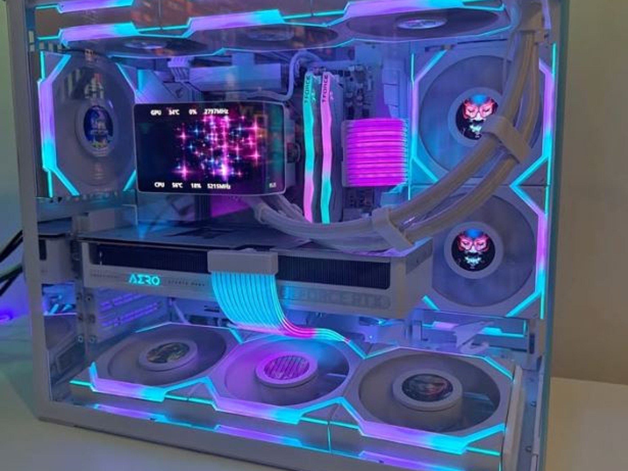 Gaming PC Nvidia RTX 5080, Ryzen 7 9800X3D, Lian Li 011 Mini V2 White, LCD Fans, 3D AIO, 2TB Gen5