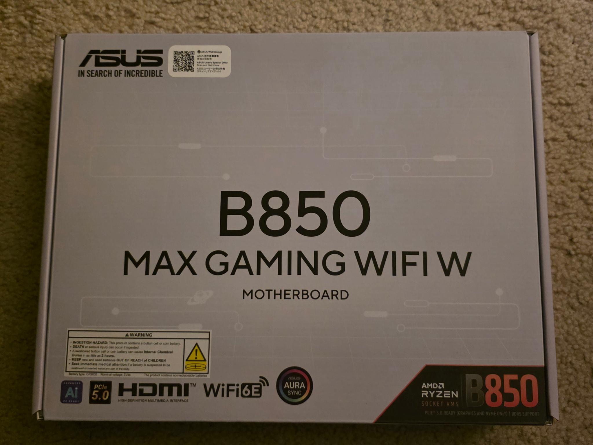ASUS B850 MAX GAMING WIFI W AM5 ATX Motherboard Brand New In Box Sealed