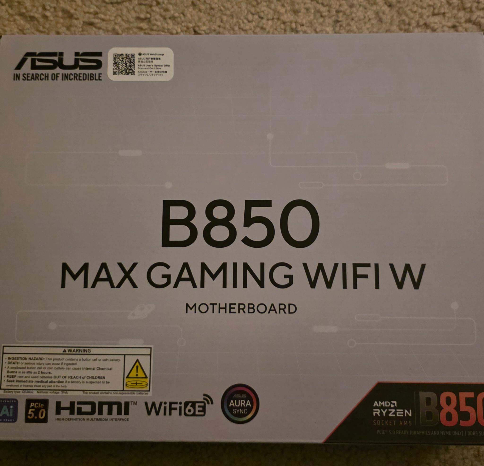ASUS B850 MAX GAMING WIFI W AM5 ATX Motherboard Brand New In Box Sealed