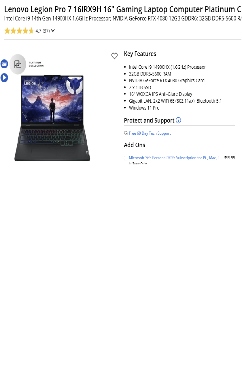 Lenovo Legion Pro 7 16IRX9H 4080 Gaming Laptop