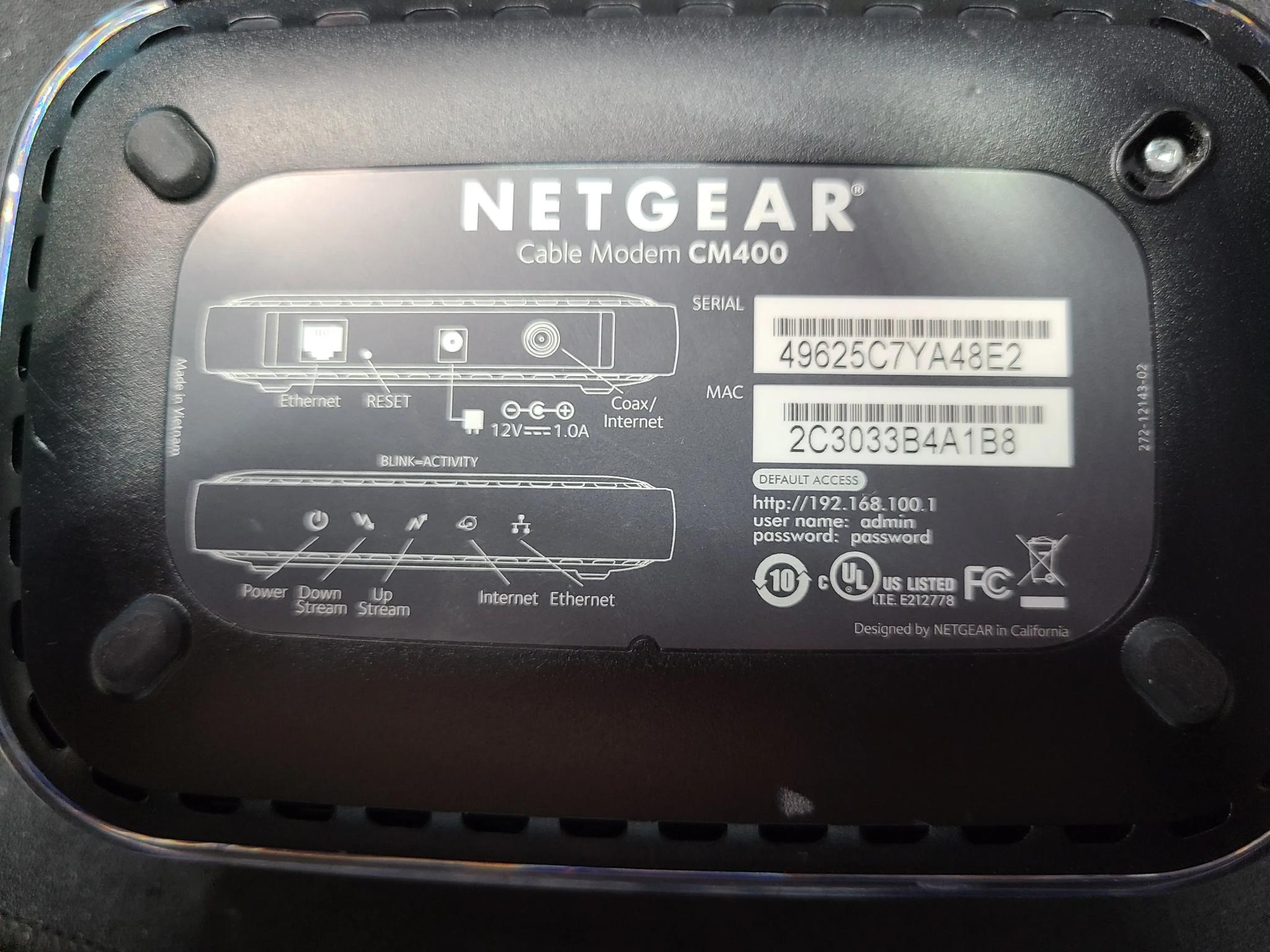 Netgear CM400 High Speed Cable Modem DOCSIS 3.0 (CM400-100NAS) 340 Mbps