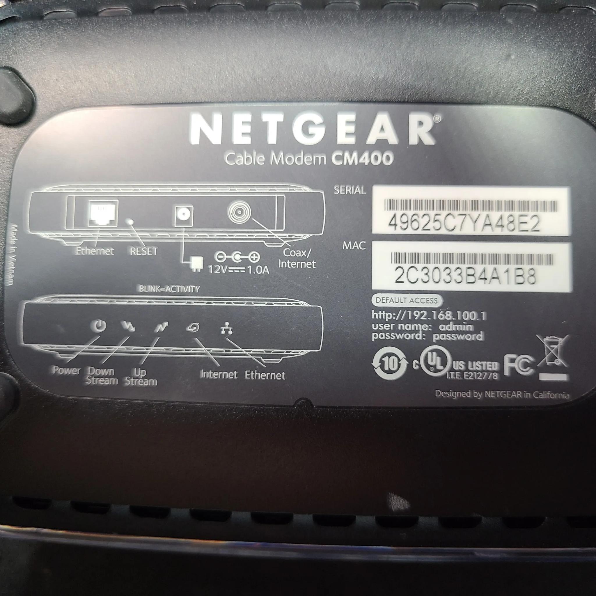 Netgear CM400 High Speed Cable Modem DOCSIS 3.0 (CM400-100NAS) 340 Mbps