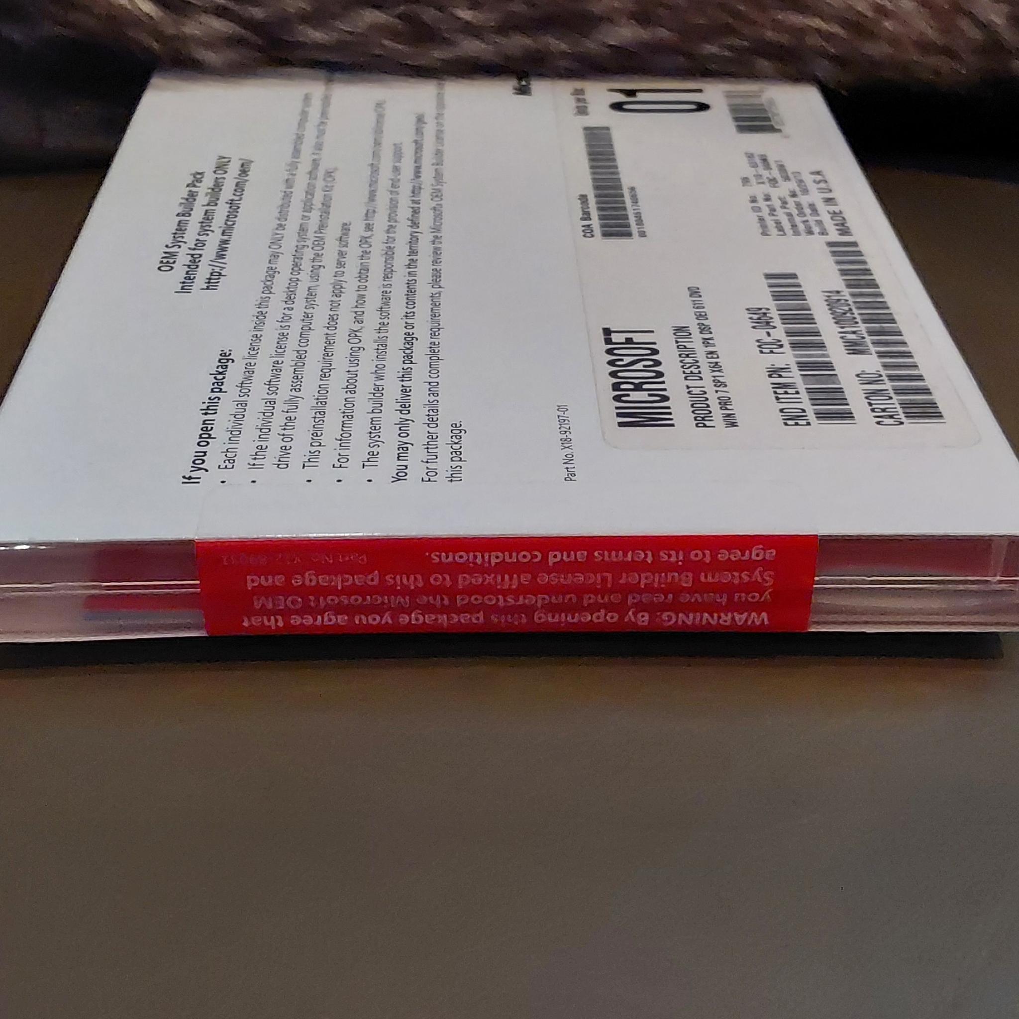 NEW & UNUSED WINDOWS 7 PRO SP2 x64 OEM/SYSTEM BUILDER PACK INSTALL DVD & VALID LICENSE for 1 PC