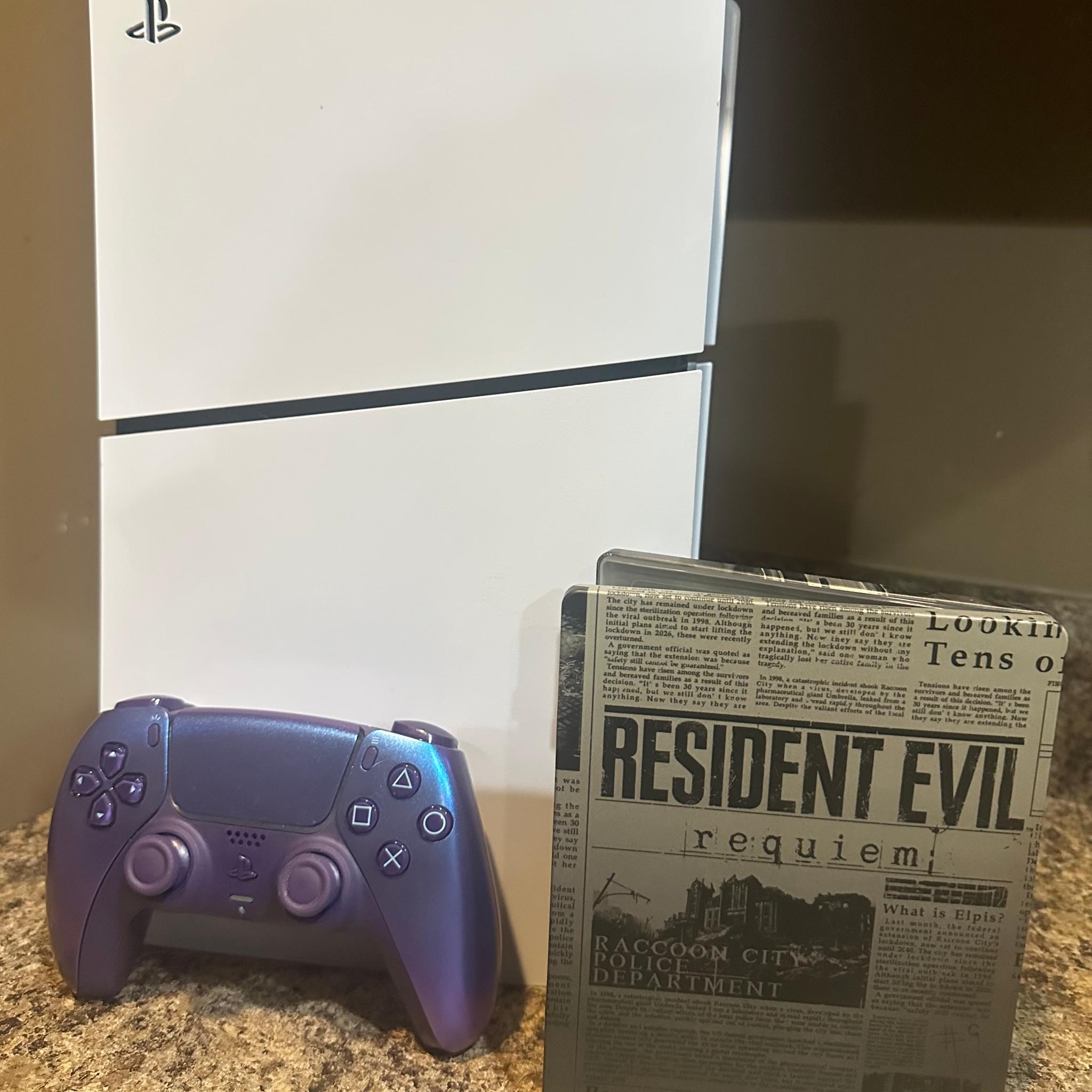 PS5 Slim Disc Edition 1TB Console Bundle + Purple DualSense + Resident Evil 9 Steelbook