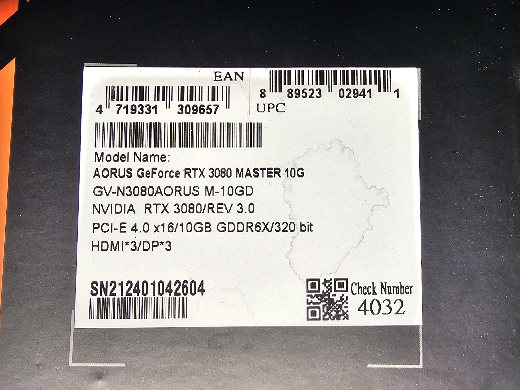 Used Gigabyte RTX3080 Aourus Master OC graphics card