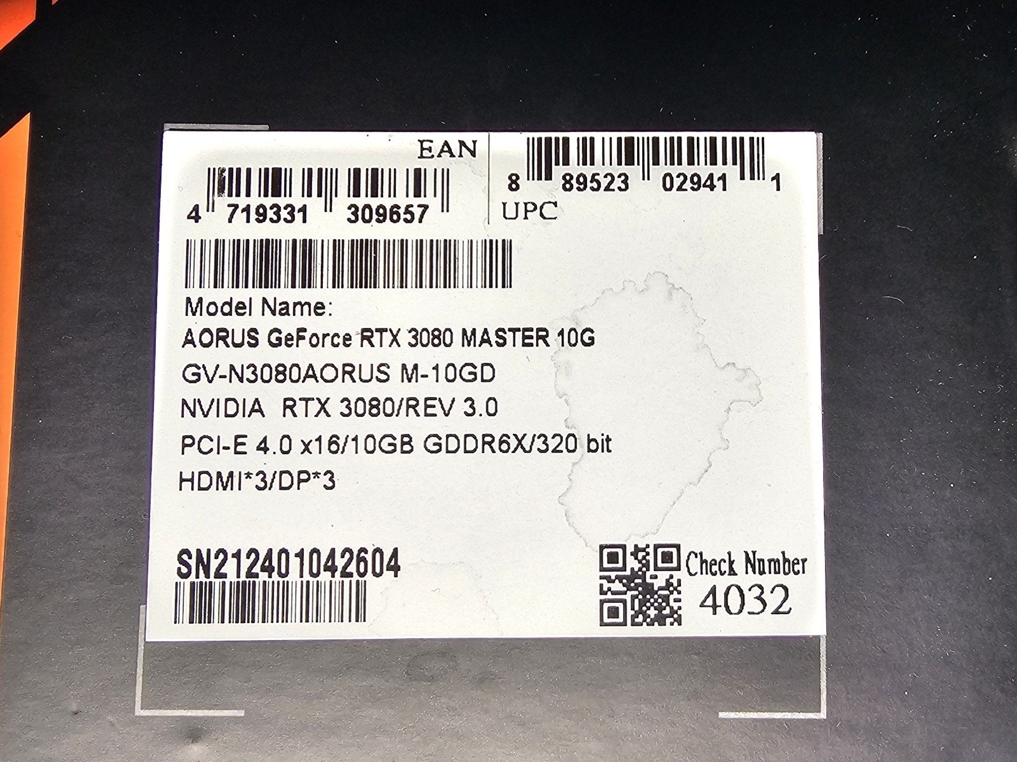 Used Gigabyte RTX3080 Aourus Master OC graphics card