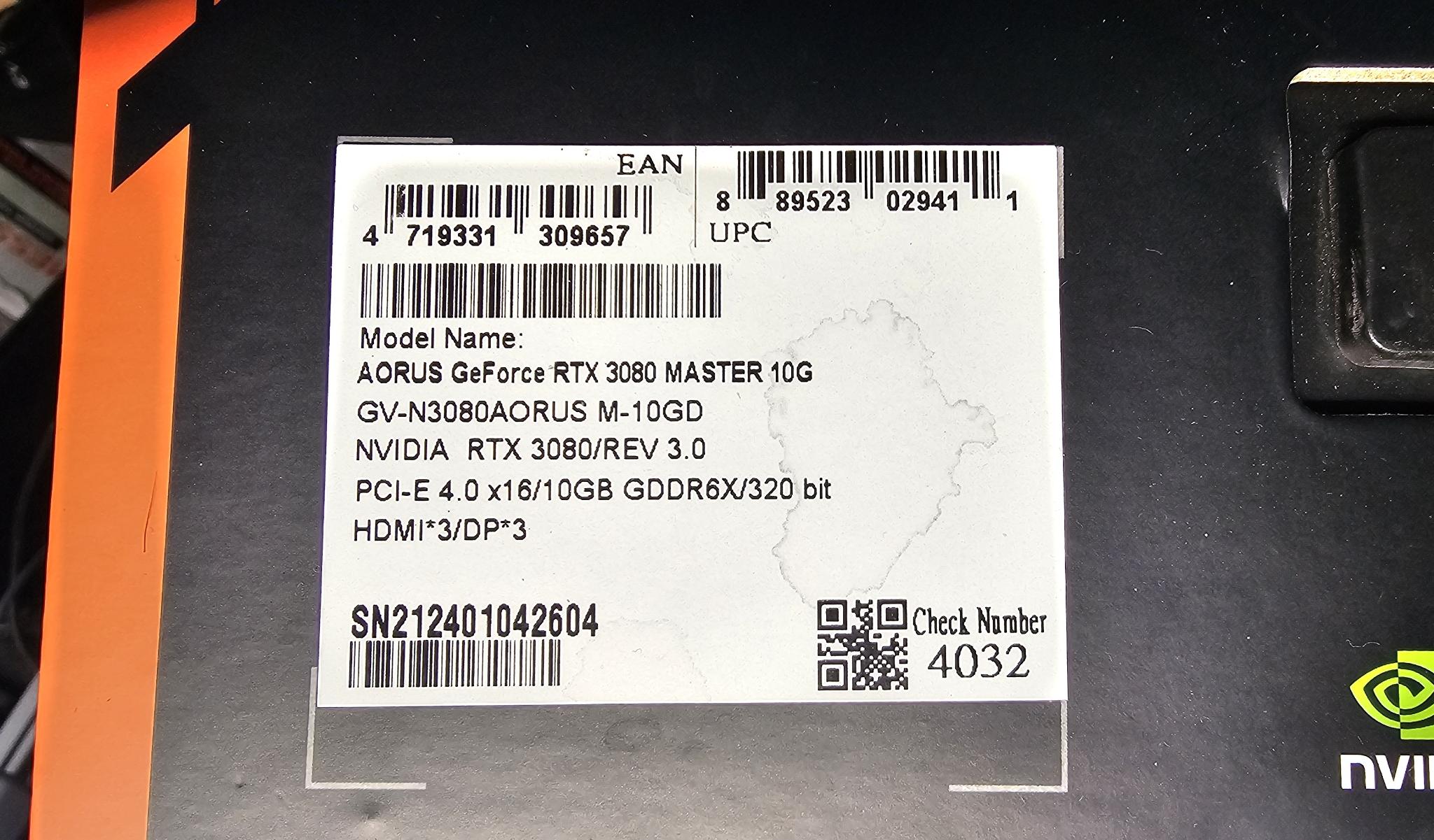 Used Gigabyte RTX3080 Aourus Master OC graphics card