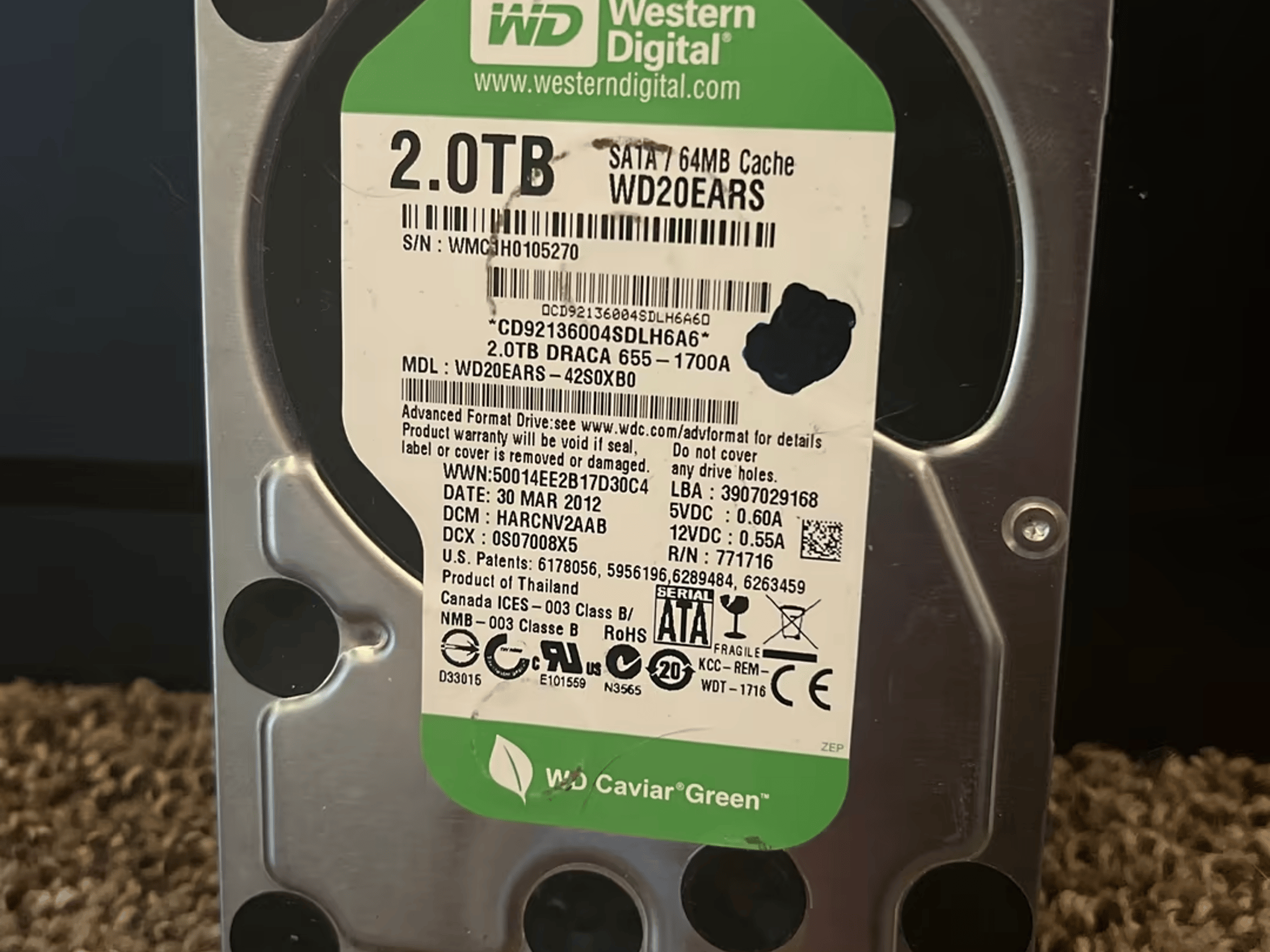 Western Digital Green 2TB 3.5” Hard Drive WD20EARS