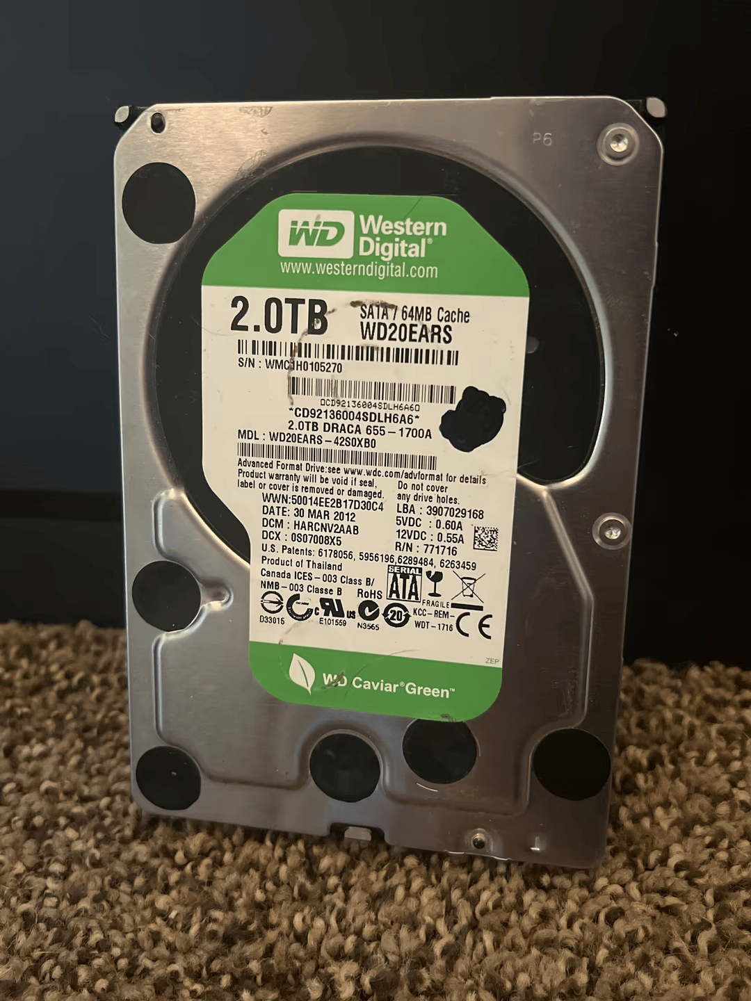 Western Digital Green 2TB 3.5” Hard Drive WD20EARS