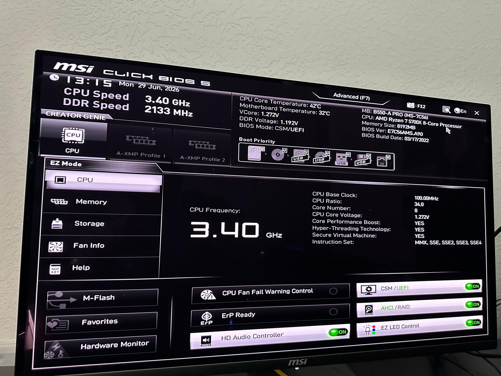 Ryzen 5700X MSI B550-A Pro Bundle No Ram