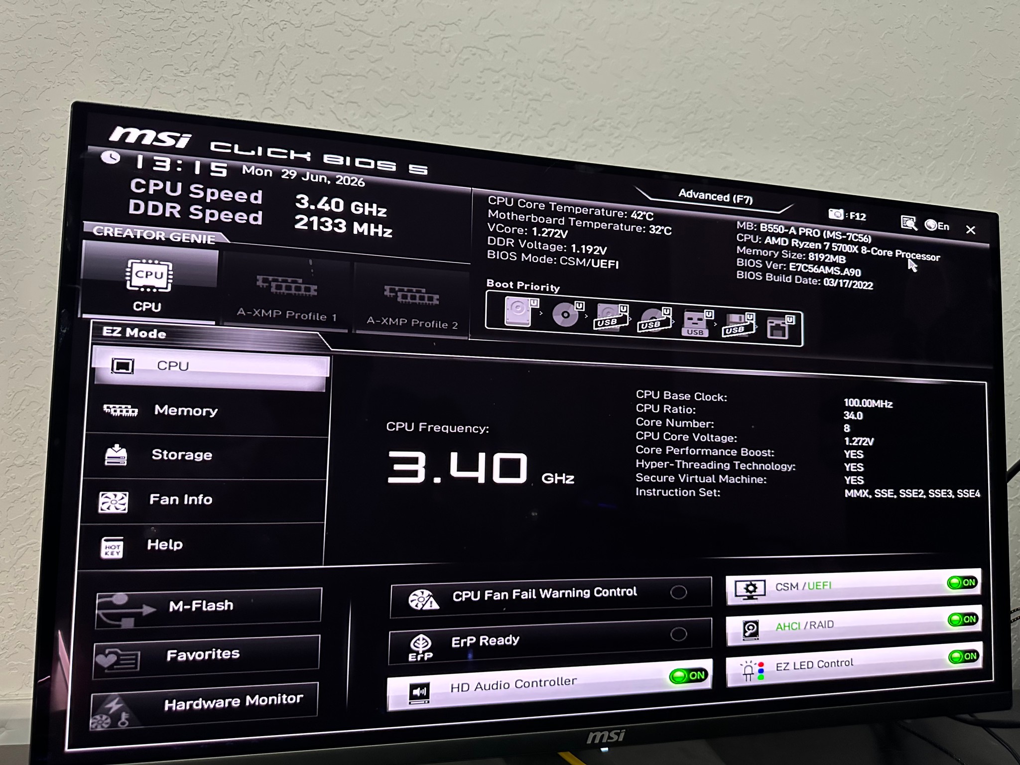 Ryzen 5700X MSI B550-A Pro Bundle No Ram