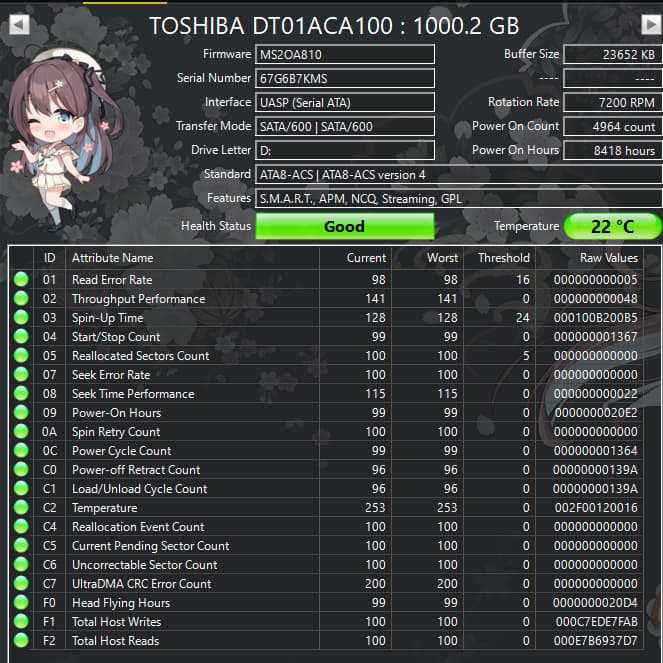 Toshiba 1TB 7200RPM 3.5" SATA HDD – DT01ACA100 – Good SMART
