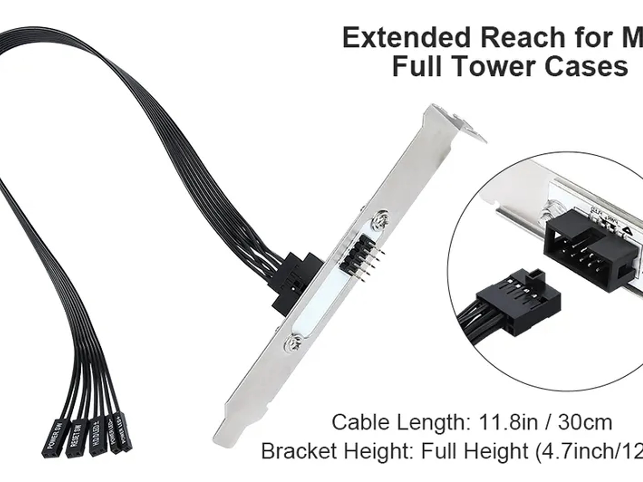 PC Power Button Extension Cable Full Height PCIe Bracket (30cm) 9 Pin Front Panel Header Adapter