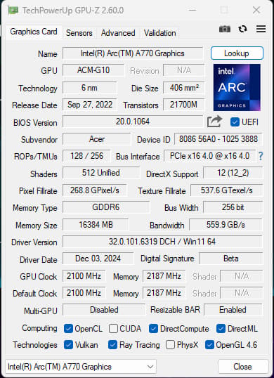 Acer Intel Arc A770 Predator BiFrost OC 16GB GDDR6 Graphics Card PCIE 4.0