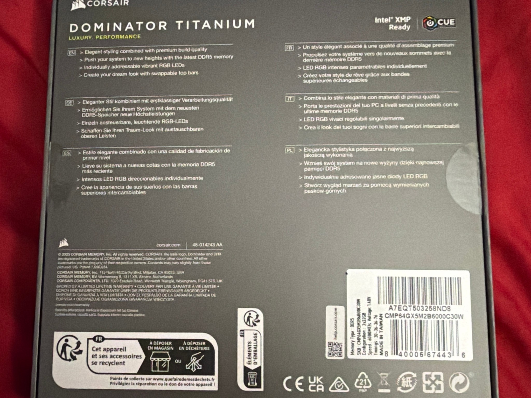 🔥 CORSAIR DOMINATOR TITANIUM DDR5 64GB Kit – 6000MT/s CL30 – WHITE 🔥