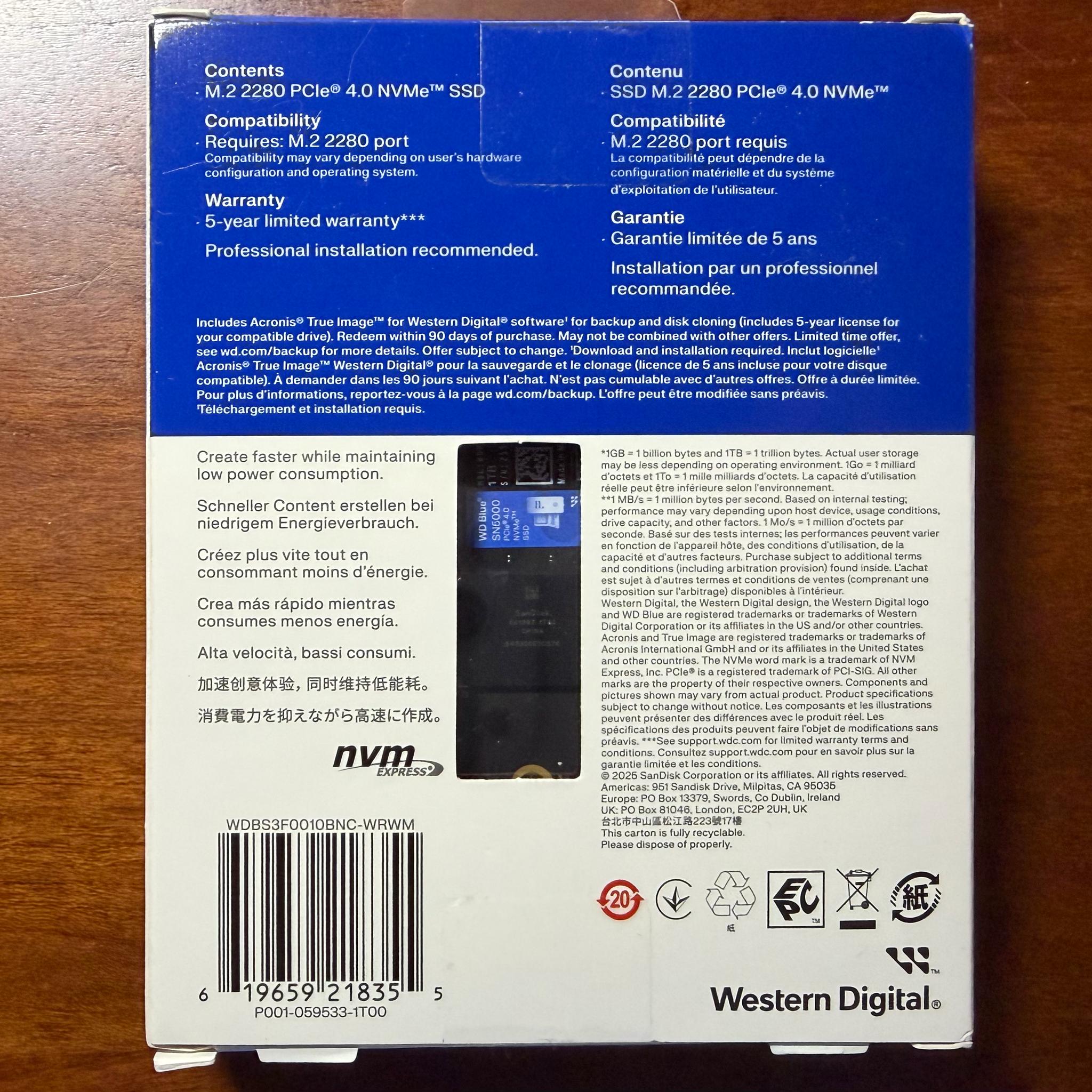 (NEW) Western Digital Blue SN5000 NVME SSD 1TB PCIe 4.0