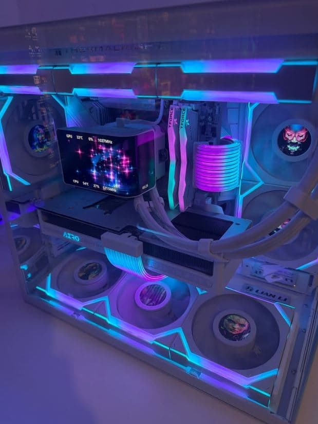 Gaming PC Nvidia RTX 5080, Ryzen 7 9800X3D, Lian Li 011 Mini V2 White, LCD Fans, 3D AIO, 2TB Gen5