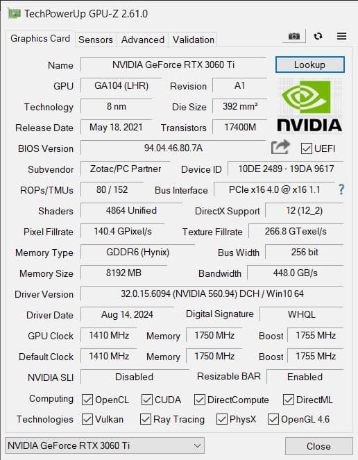 Zotac RTX 3060Ti AMP White Edition Graphics Card