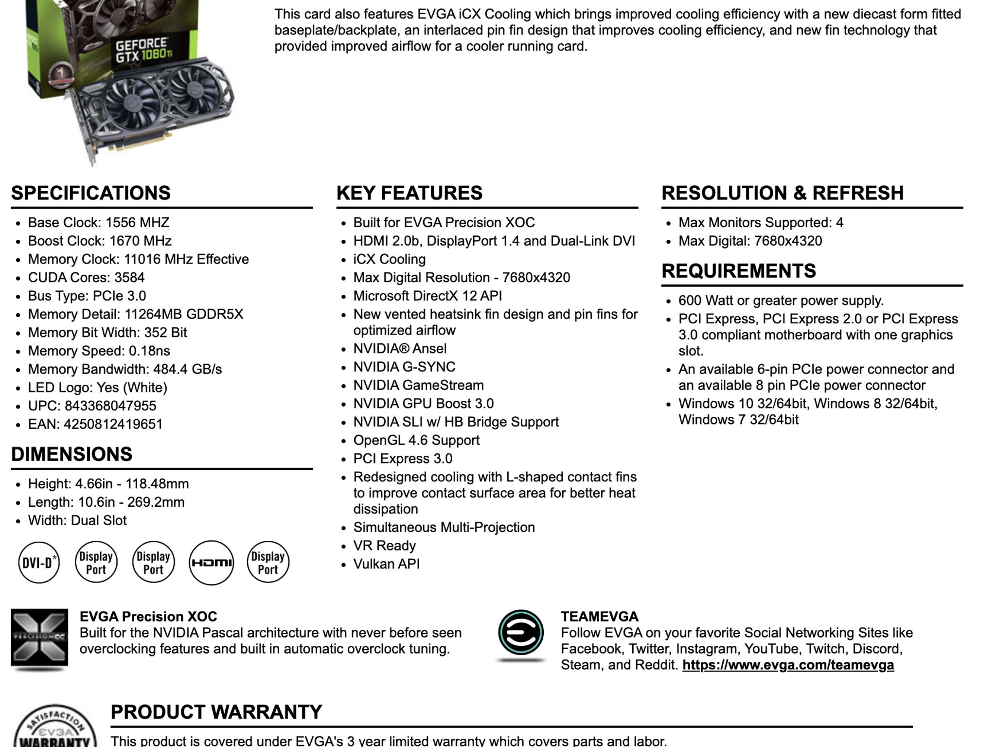 EVGA GeForce GTX 1080 Ti SC Black Edition Gaming, 11G-P4-6393-KR, 11GB GDDR5X, iCX Cooler & LED