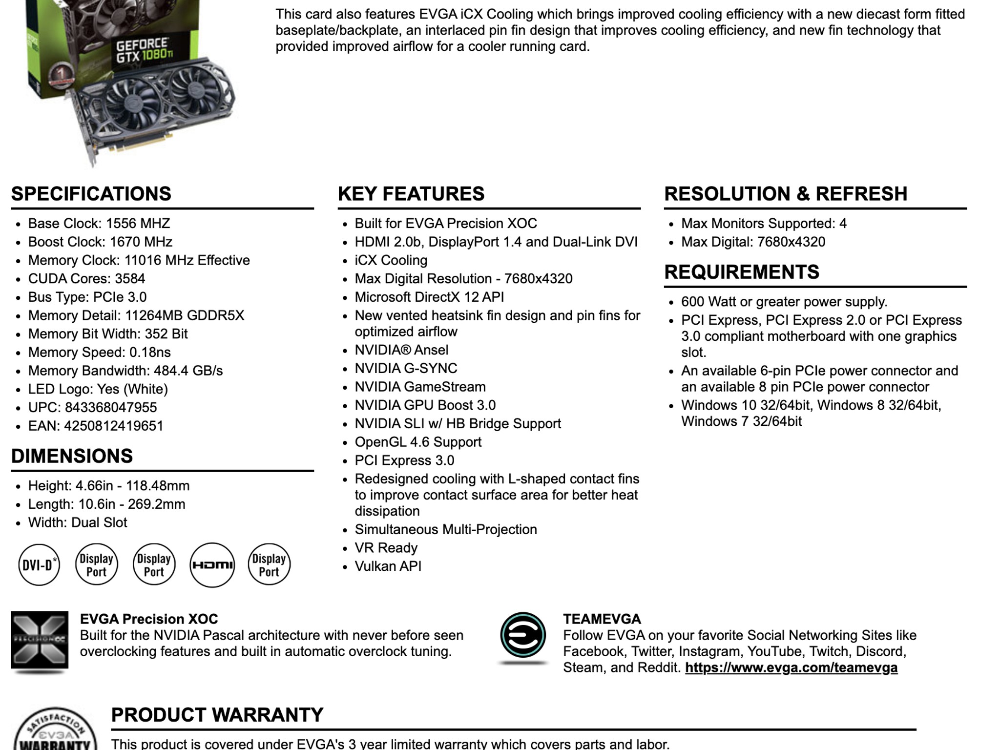 EVGA GeForce GTX 1080 Ti SC Black Edition Gaming, 11G-P4-6393-KR, 11GB GDDR5X, iCX Cooler & LED