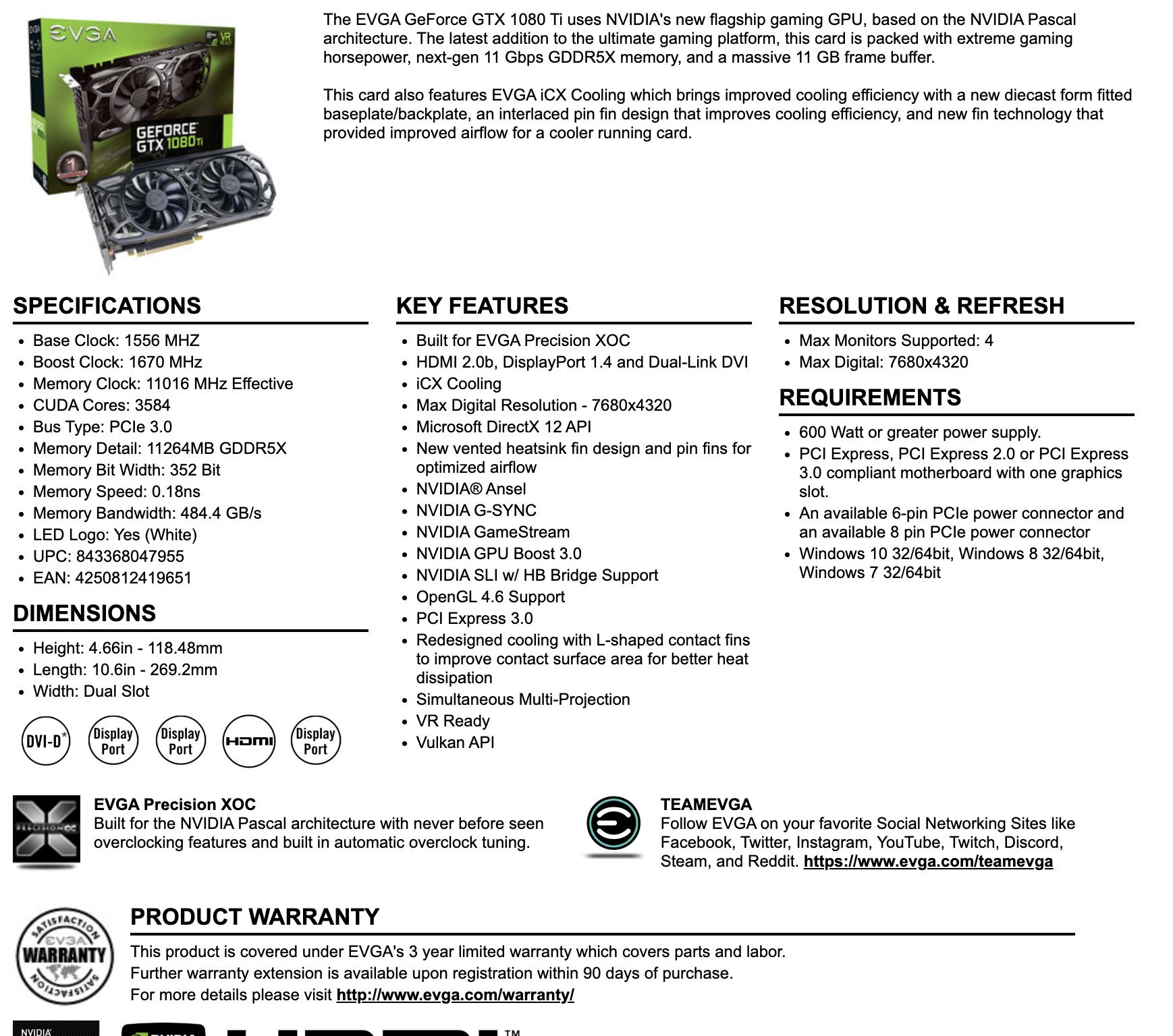 EVGA GeForce GTX 1080 Ti SC Black Edition Gaming, 11G-P4-6393-KR, 11GB GDDR5X, iCX Cooler & LED