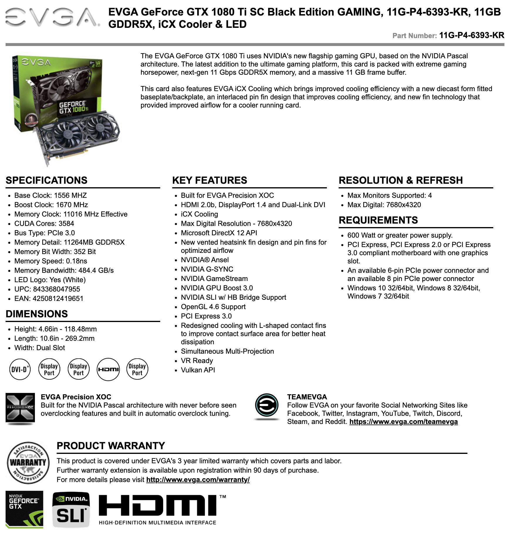 EVGA GeForce GTX 1080 Ti SC Black Edition Gaming, 11G-P4-6393-KR, 11GB GDDR5X, iCX Cooler & LED