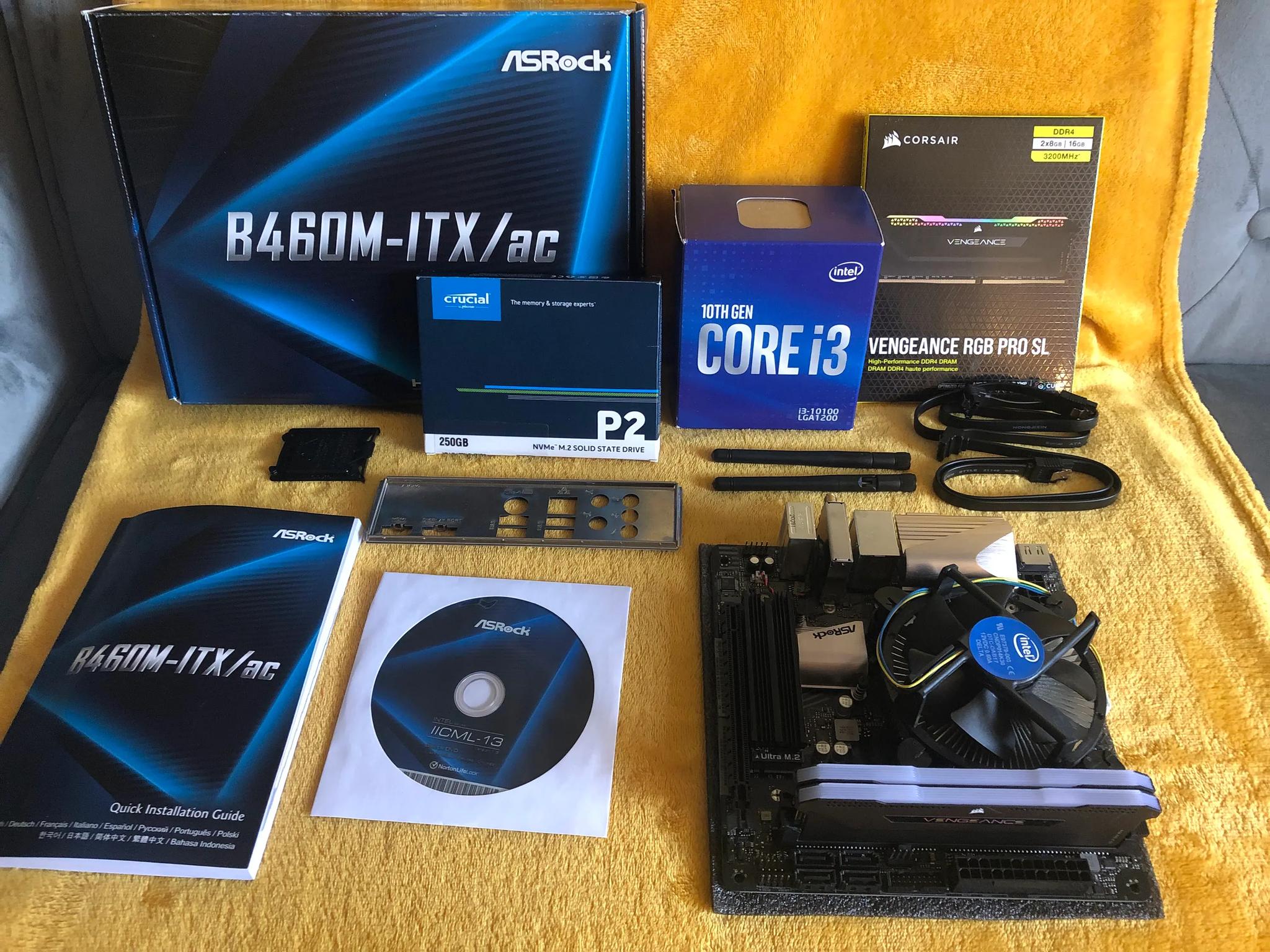 CPU+Motherboard+RAM+SSD combo: AsRock b460m itx, i3 10100, 16 Gb Ram RGB Corsair, Crucial 256G m.2 