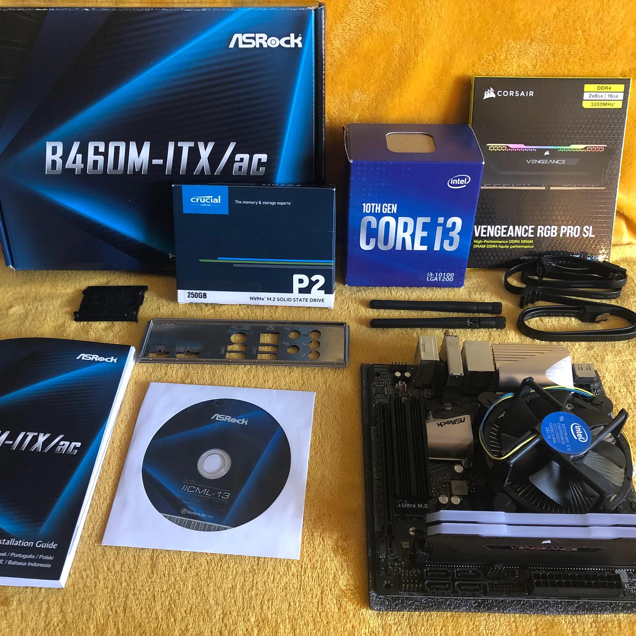CPU+Motherboard+RAM+SSD combo: AsRock b460m itx, i3 10100, 16 Gb Ram RGB Corsair, Crucial 256G m.2 
