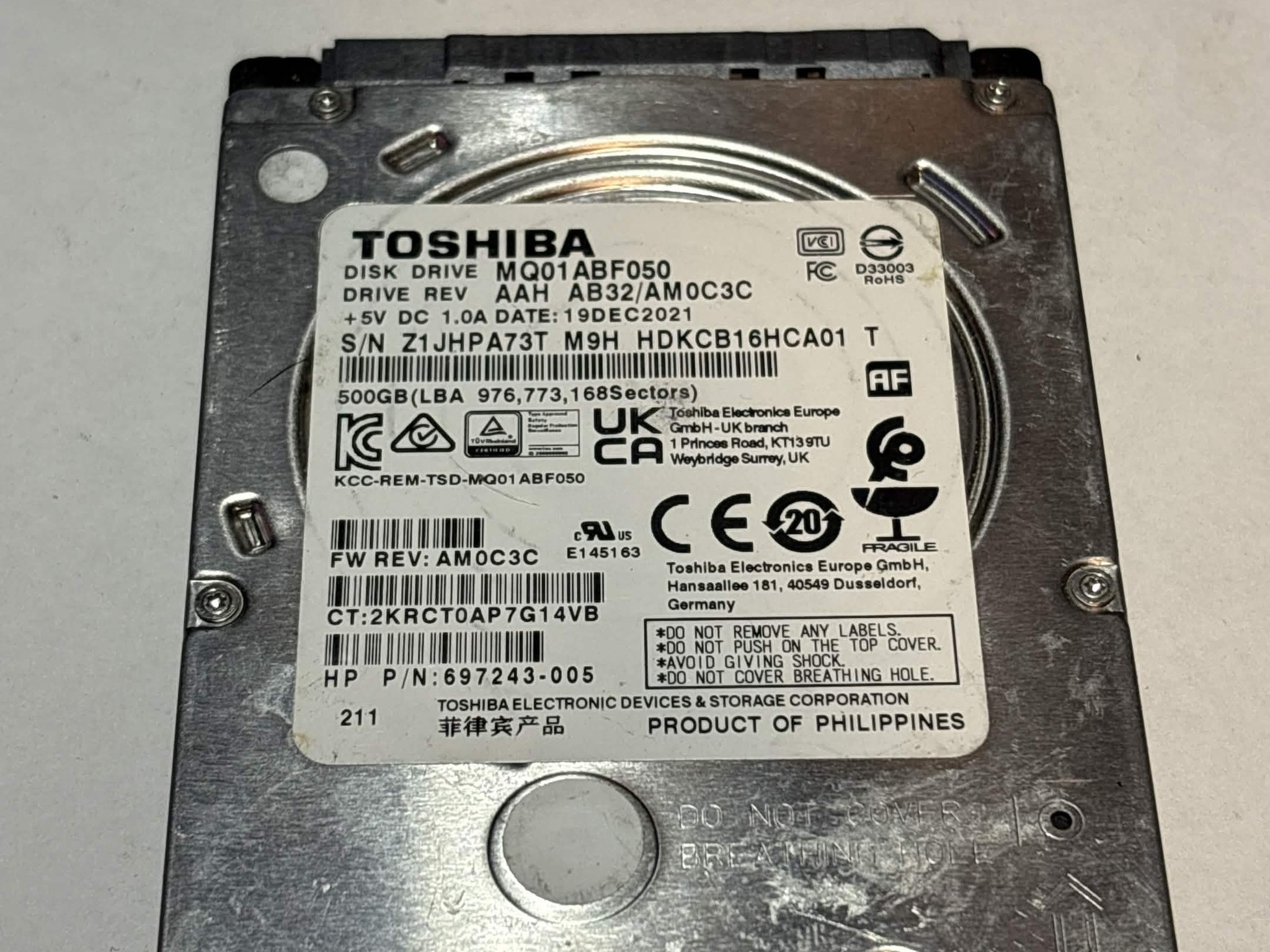 Toshiba 500GB SATA Laptop Hard Drive | Tested & Functional