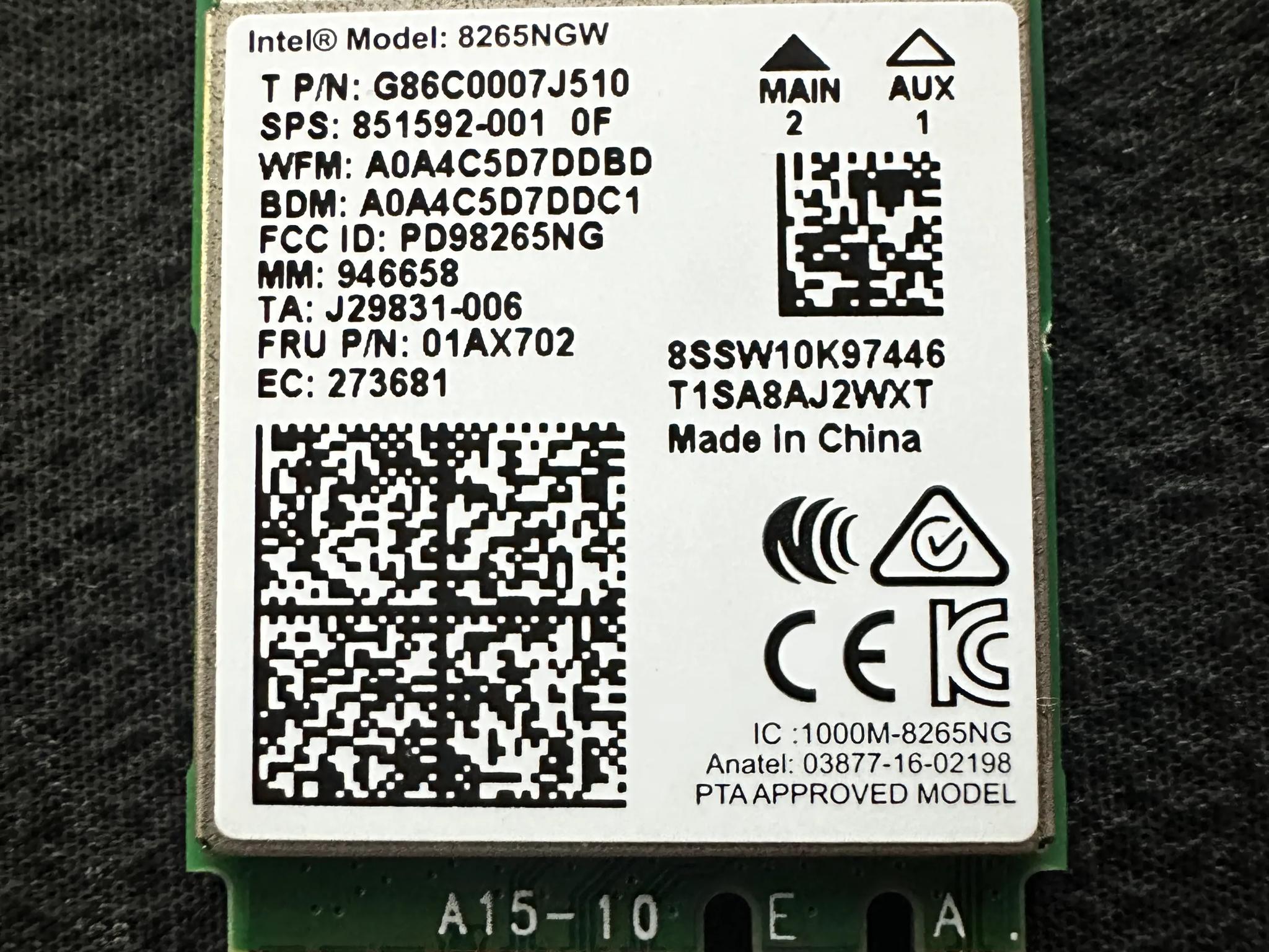 M.2 WiFi & Bluetooth Card | Intel 8265NGW | Up to 867 Mbps