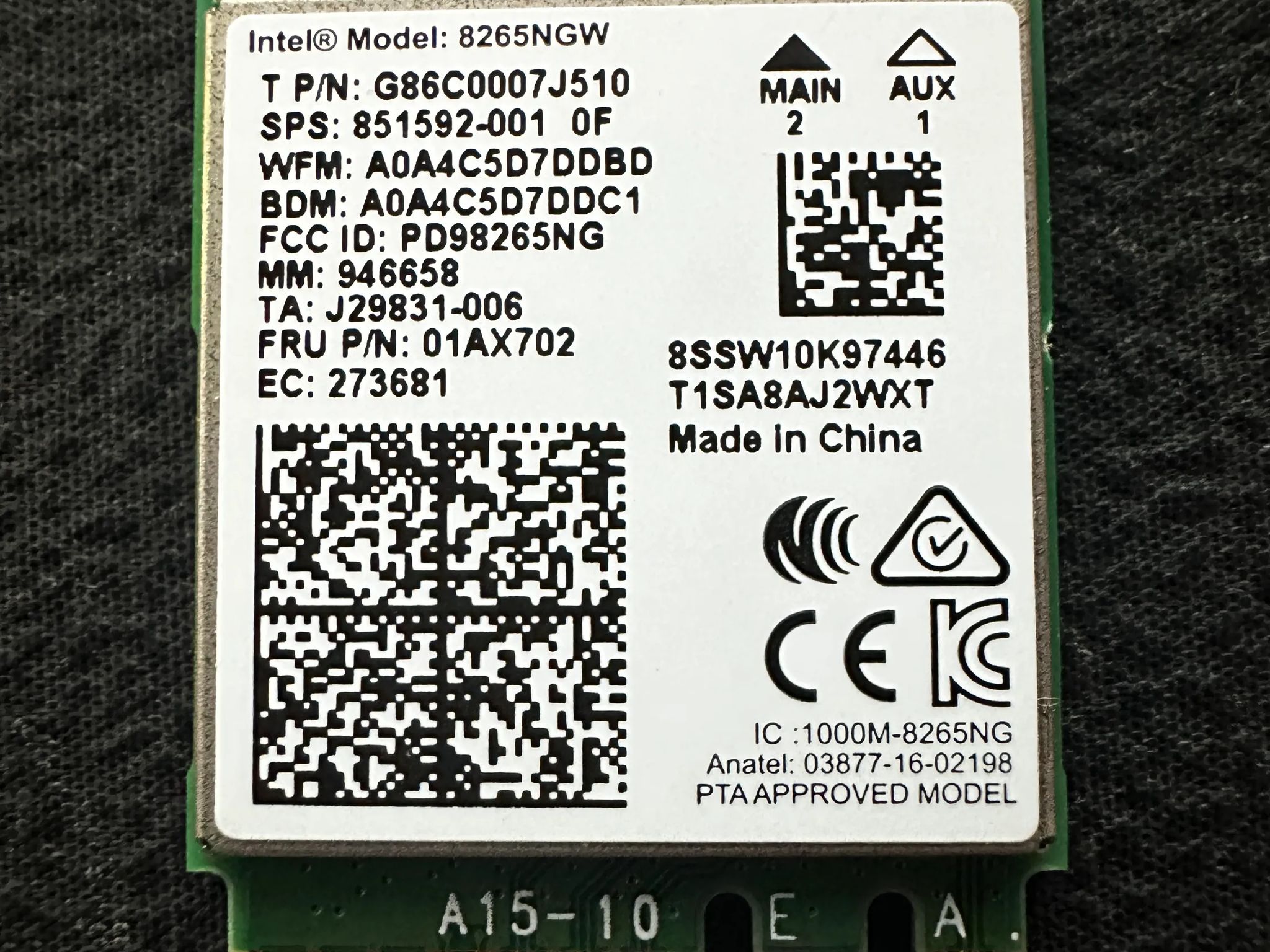 M.2 WiFi & Bluetooth Card | Intel 8265NGW | Up to 867 Mbps
