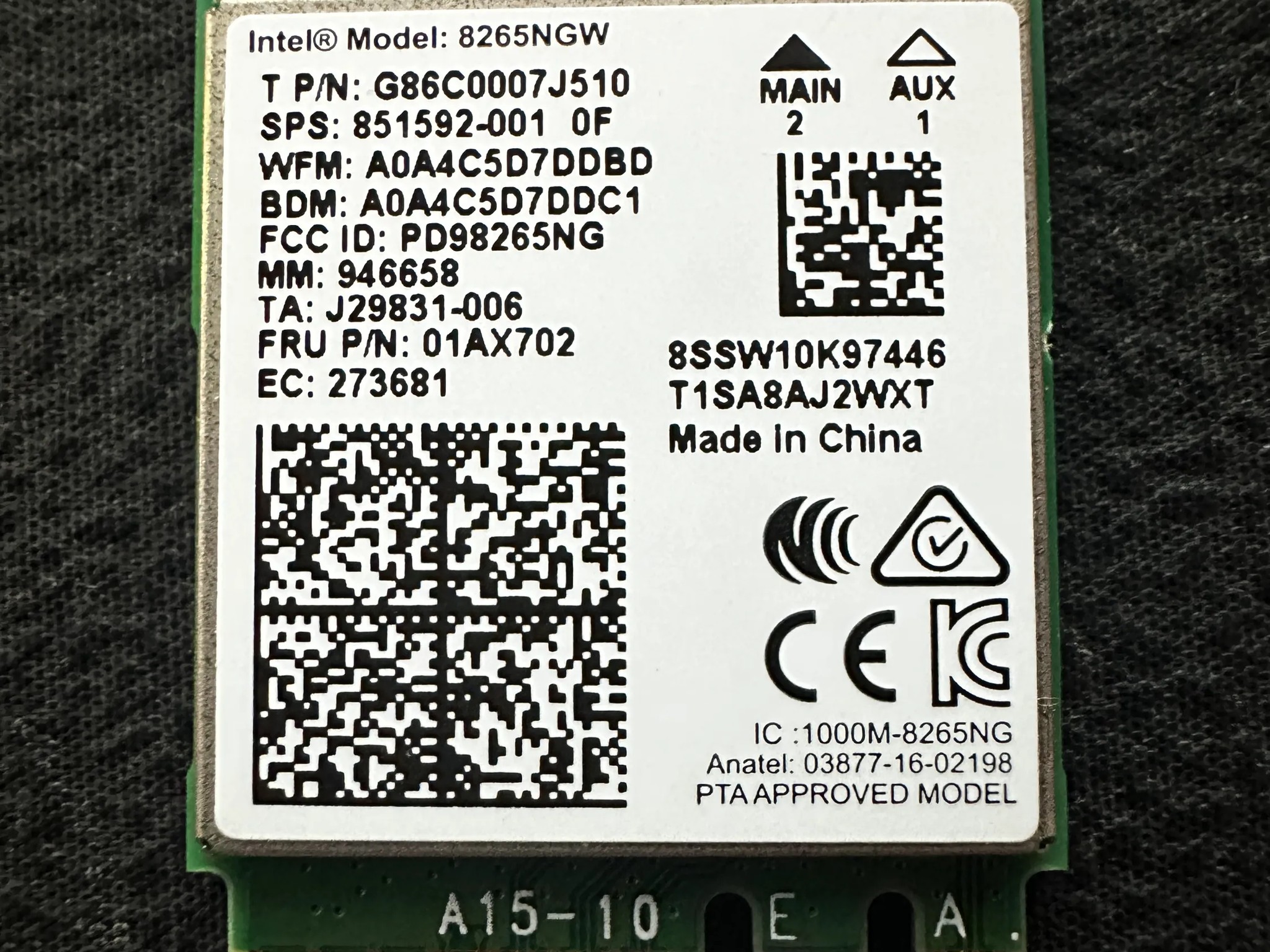 M.2 WiFi & Bluetooth Card | Intel 8265NGW | Up to 867 Mbps
