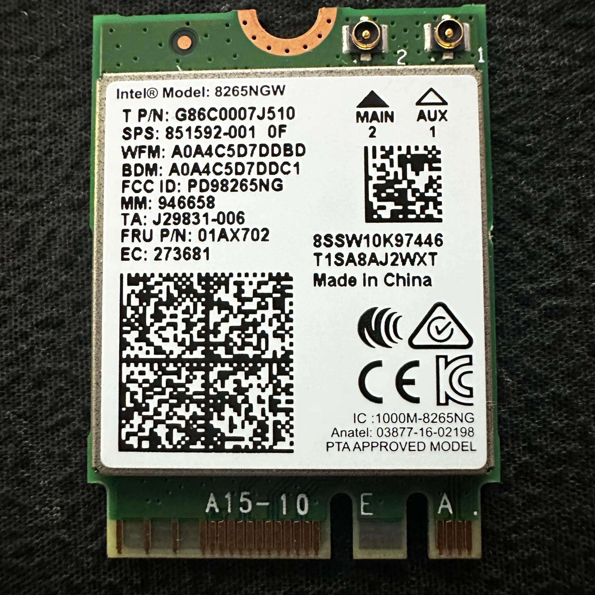 M.2 WiFi & Bluetooth Card | Intel 8265NGW | Up to 867 Mbps